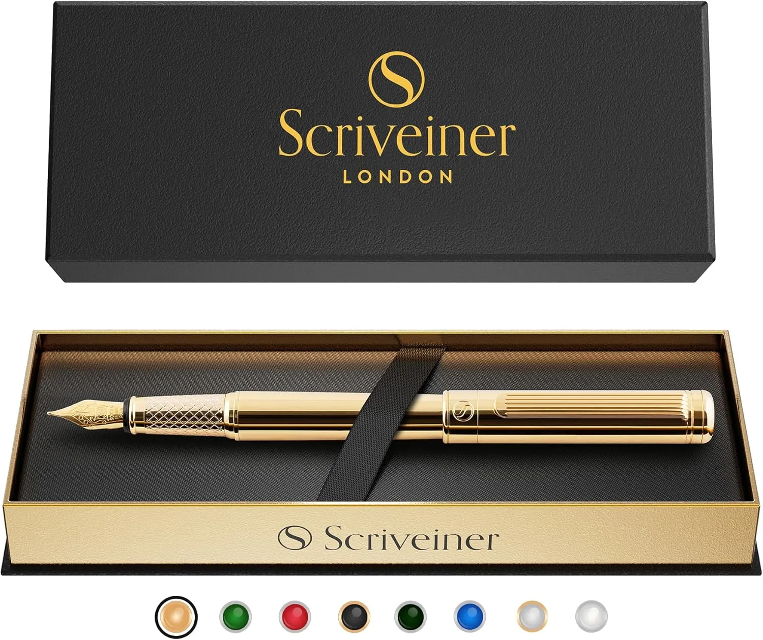 Scriveiner Luxury Fountain Pen - Stunning Gold Luxury Pen, Real Gold Plating, Schmidt Gilded Nib (Medium), Converter, Best Pen Gift Set for Men & Women, Professional, Executive, Office, Nice Pens