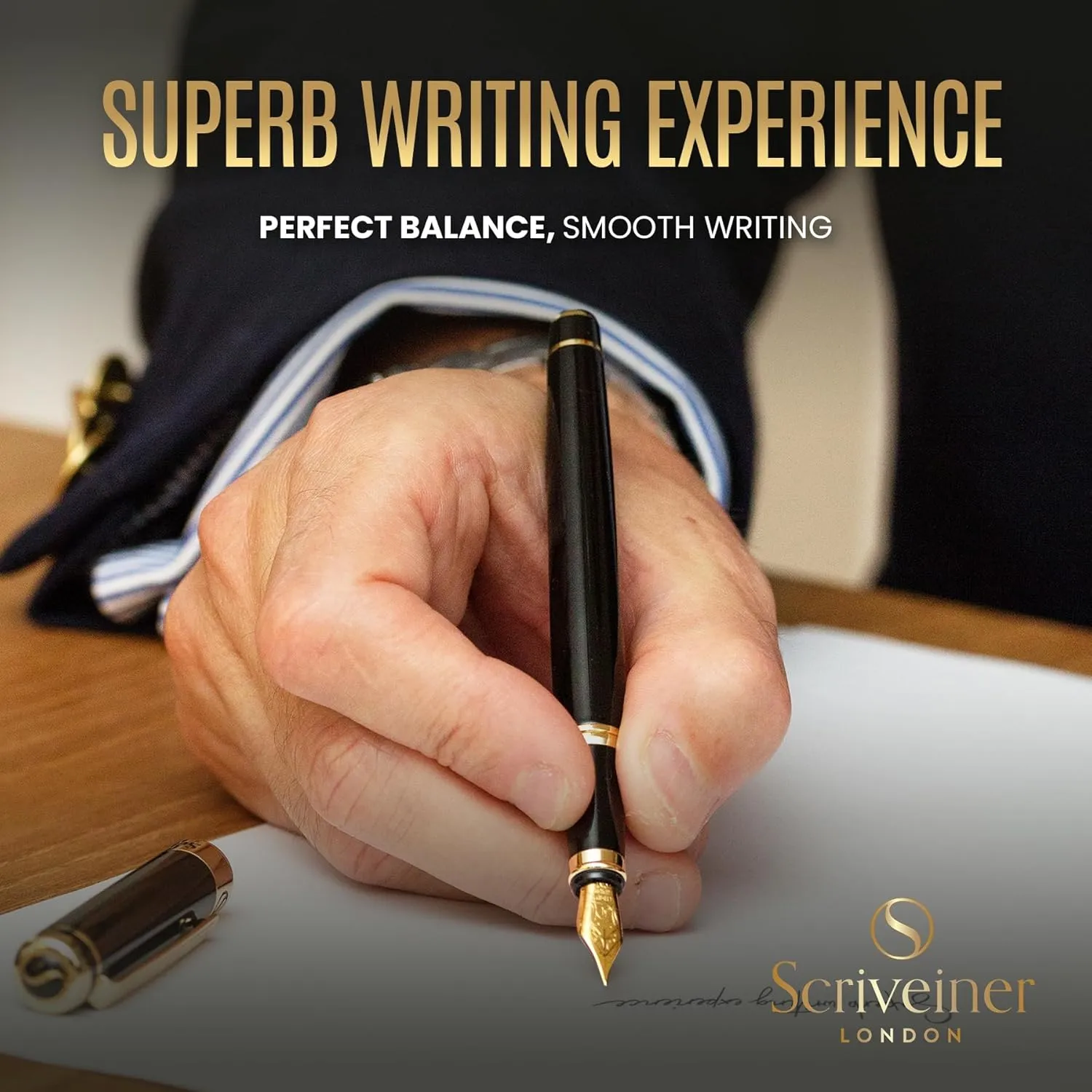 Scriveiner Luxury Fountain Pen - Stunning Luxury Pen, Real Gold Plating, Schmidt Gilded Nib (Medium), Converter, Best Pen Gift Set for Men & Women, Professional, Executive, Office, Nice Pens