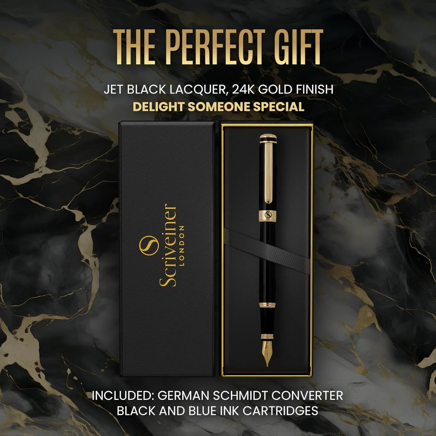 Scriveiner Luxury Fountain Pen - Stunning Luxury Pen, Real Gold Plating, Schmidt Gilded Nib (Medium), Converter, Best Pen Gift Set for Men & Women, Professional, Executive, Office, Nice Pens