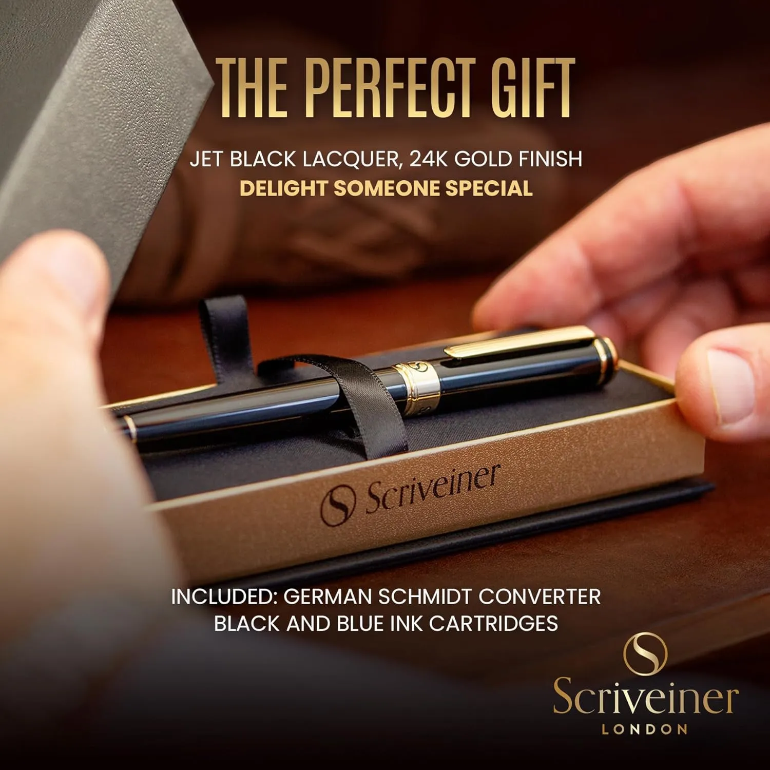 Scriveiner Luxury Fountain Pen - Stunning Luxury Pen, Real Gold Plating, Schmidt Gilded Nib (Medium), Converter, Best Pen Gift Set for Men & Women, Professional, Executive, Office, Nice Pens