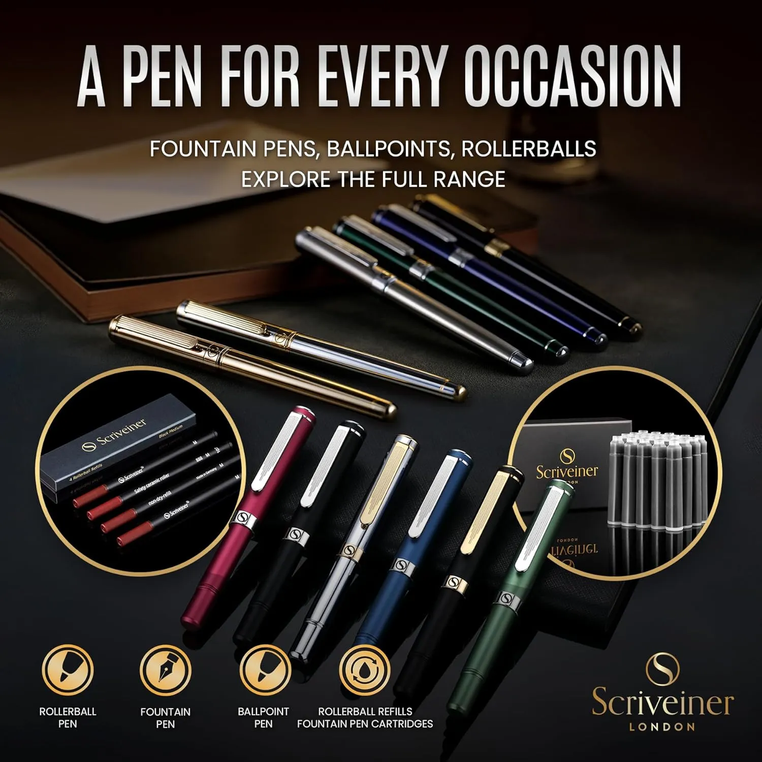 Scriveiner Midnight Blue Fountain Pen - Stunning Luxury Pen with Chrome Appointments, Schmidt Nib (Medium), Best Pen Gift Set for Men & Women, Professional, Executive, Office, Nice Pens