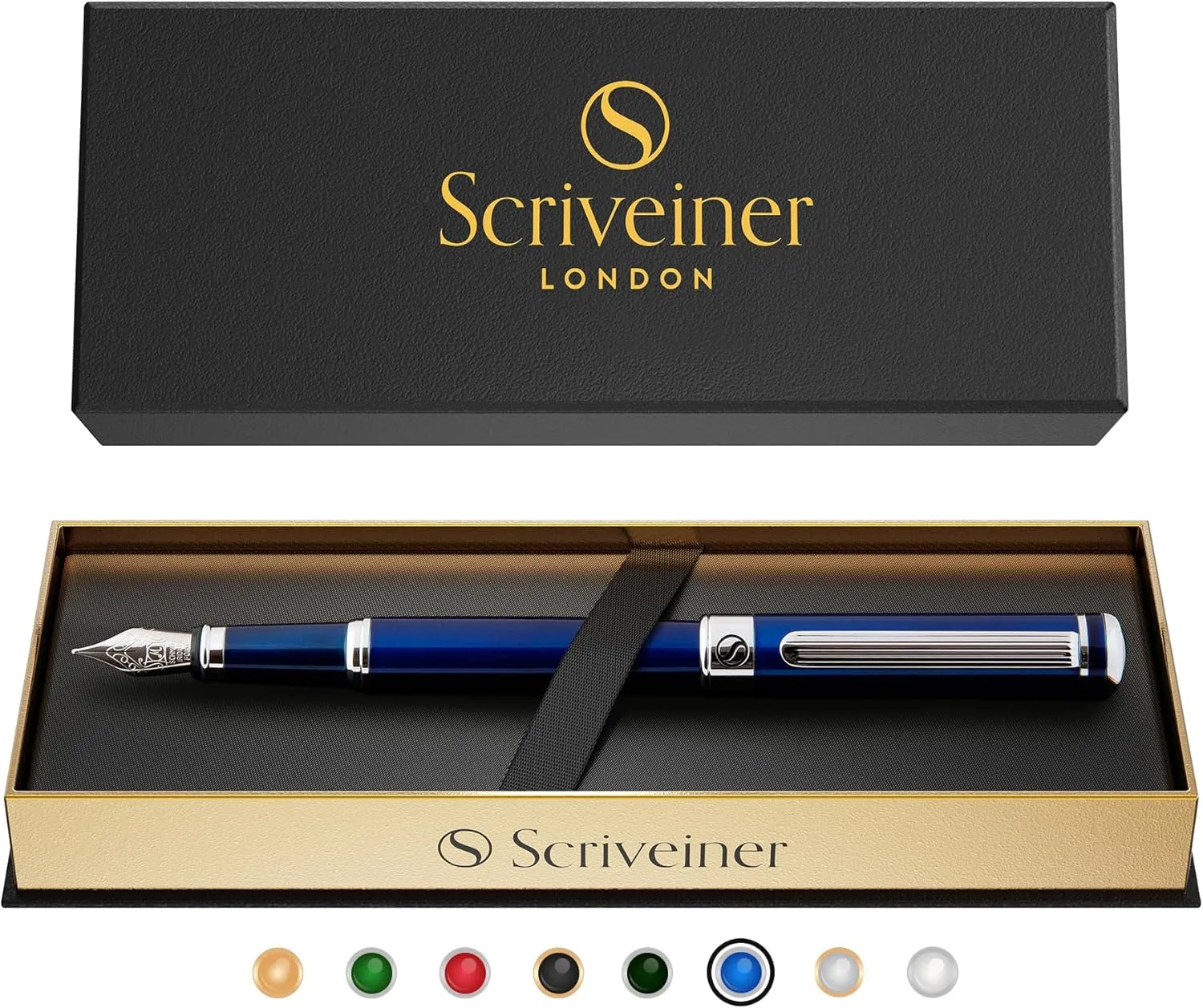 Scriveiner Midnight Blue Fountain Pen - Stunning Luxury Pen with Chrome Appointments, Schmidt Nib (Medium), Best Pen Gift Set for Men & Women, Professional, Executive, Office, Nice Pens