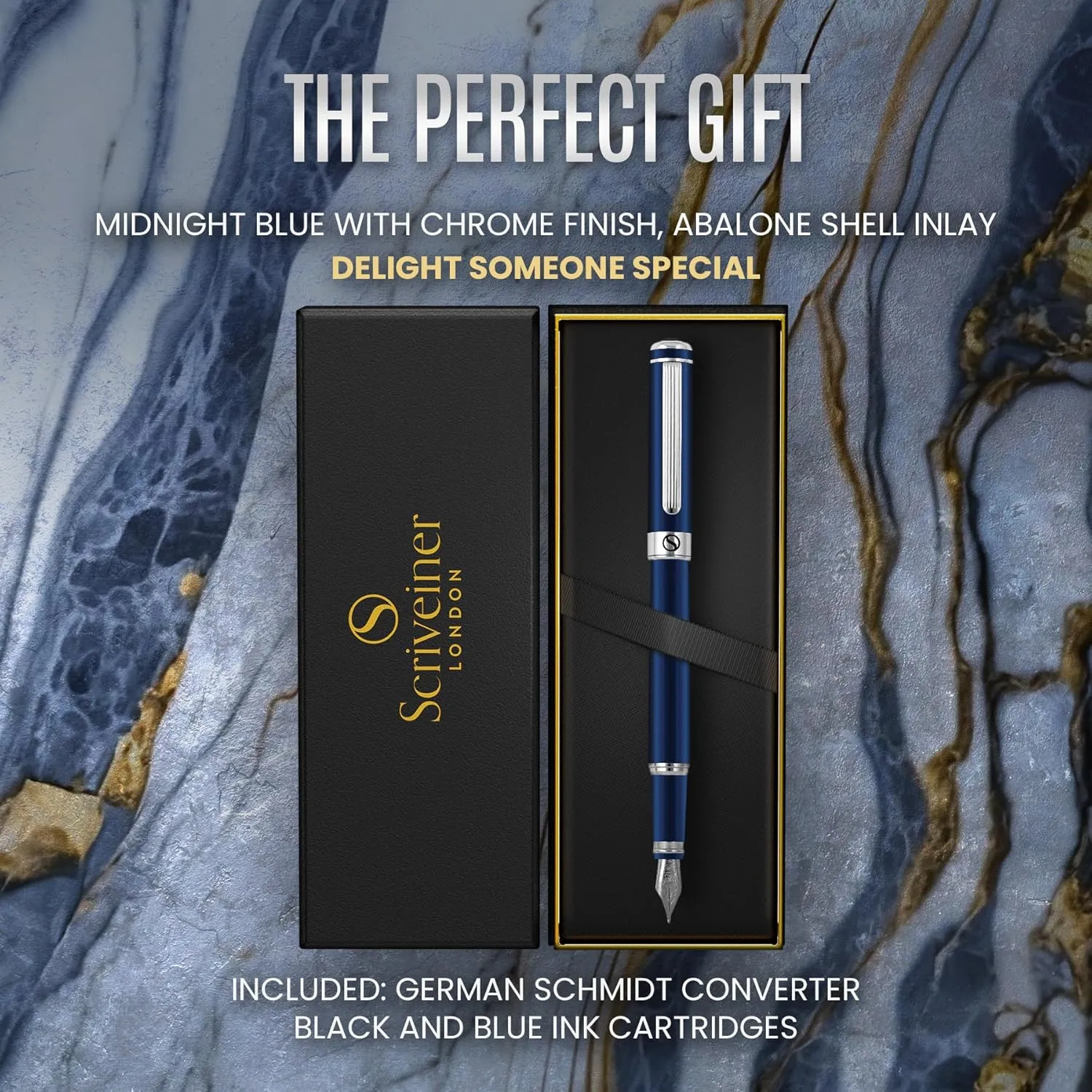 Scriveiner Midnight Blue Fountain Pen - Stunning Luxury Pen with Chrome Appointments, Schmidt Nib (Medium), Best Pen Gift Set for Men & Women, Professional, Executive, Office, Nice Pens