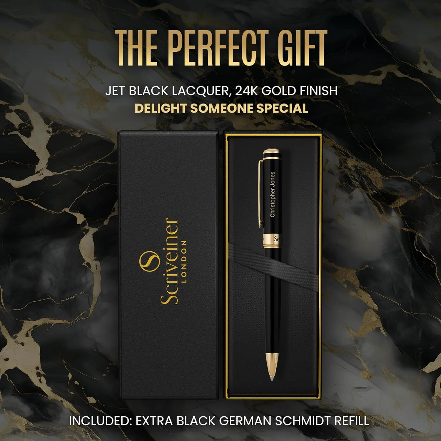 Scriveiner Personalized Black Ballpoint Pen - Stunning Luxury Pen, Jet Black Lacquer, Real Gold Plating, Schmidt Ink Refill, Best Engraved Ball Point Gift Set for Men & Women, Custom Name Engraving