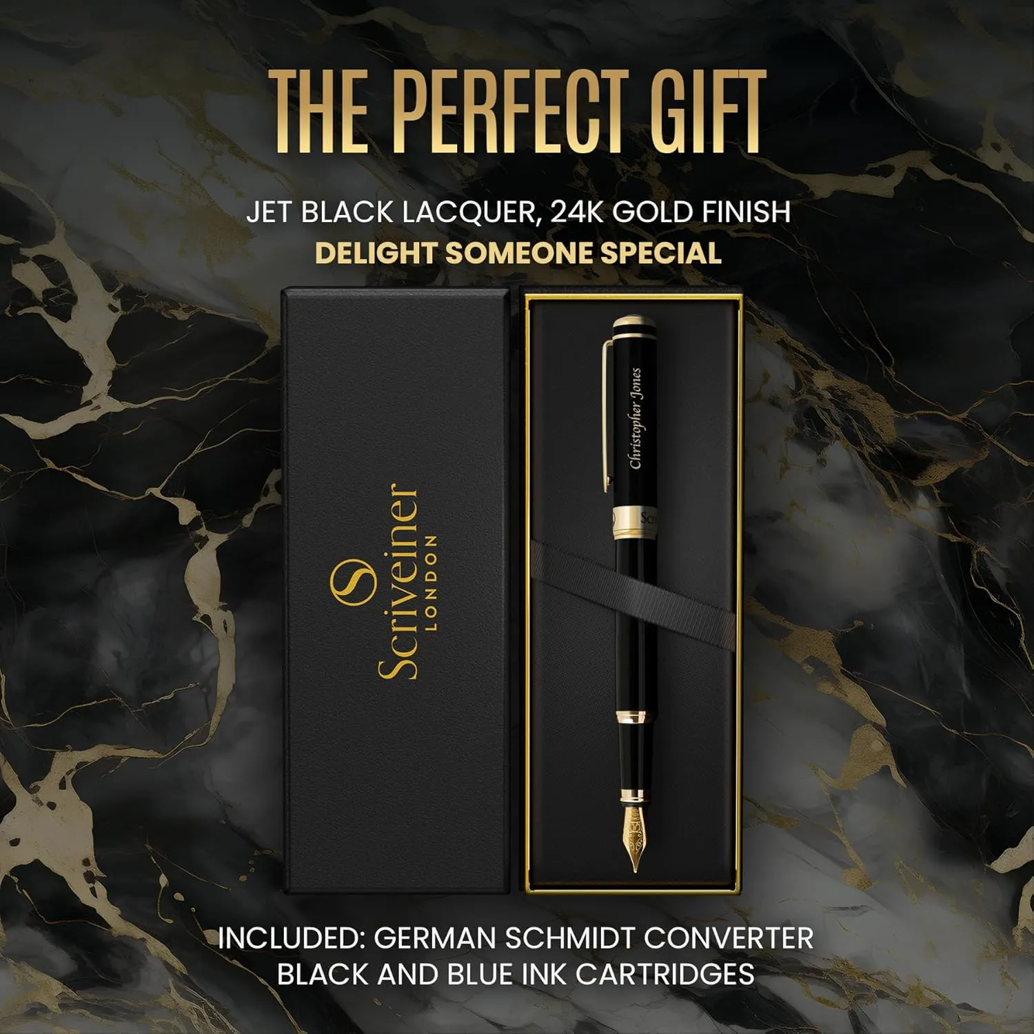 Scriveiner Personalized Black Fountain Pen - Stunning Luxury Pen, Jet Black Lacquer, Real Gold Plating, German Schmidt Nib (Medium), Best Engraved Gift Set for Men & Women, Name Engraving