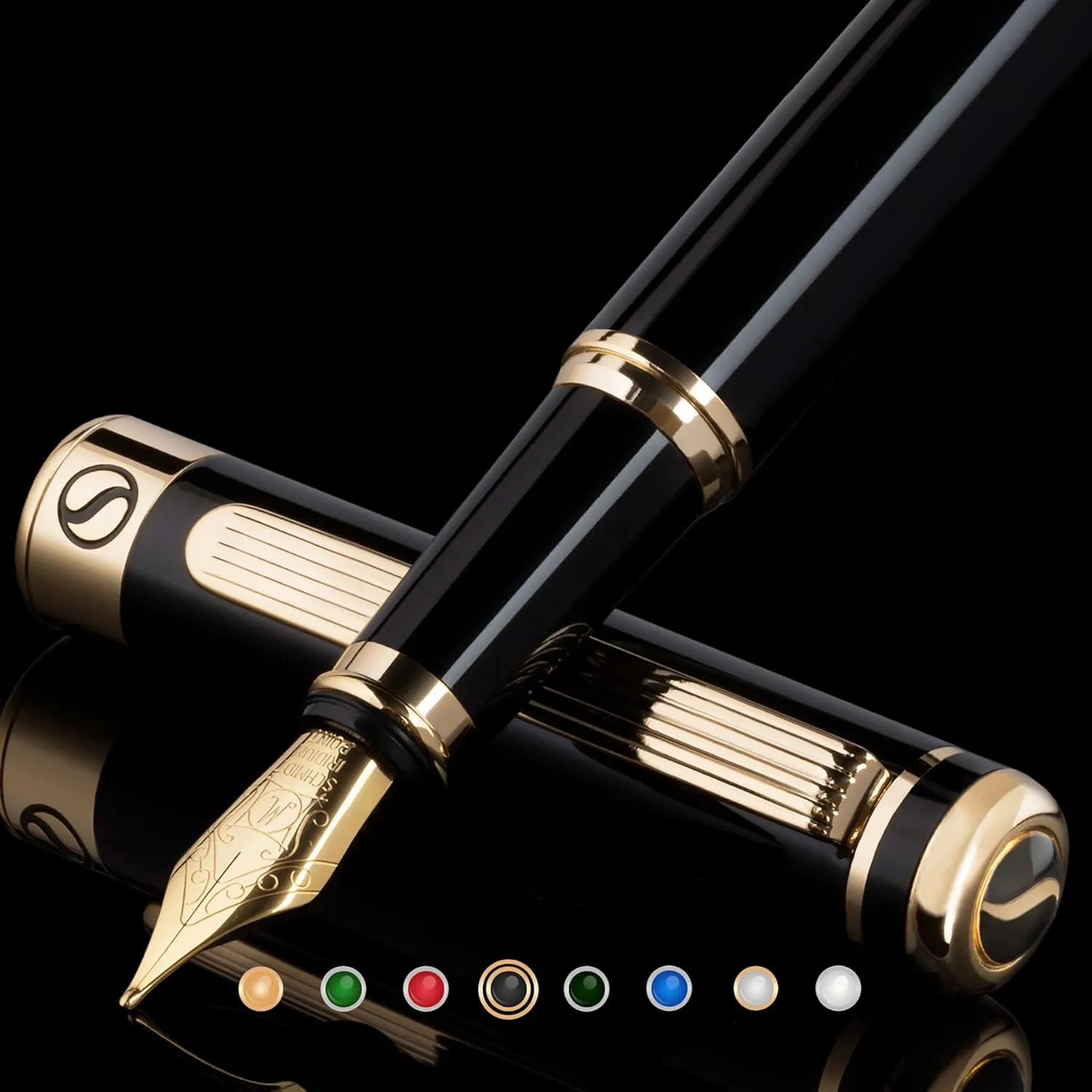 Scriveiner Personalized Black Fountain Pen - Stunning Luxury Pen, Jet Black Lacquer, Real Gold Plating, German Schmidt Nib (Medium), Best Engraved Gift Set for Men & Women, Name Engraving