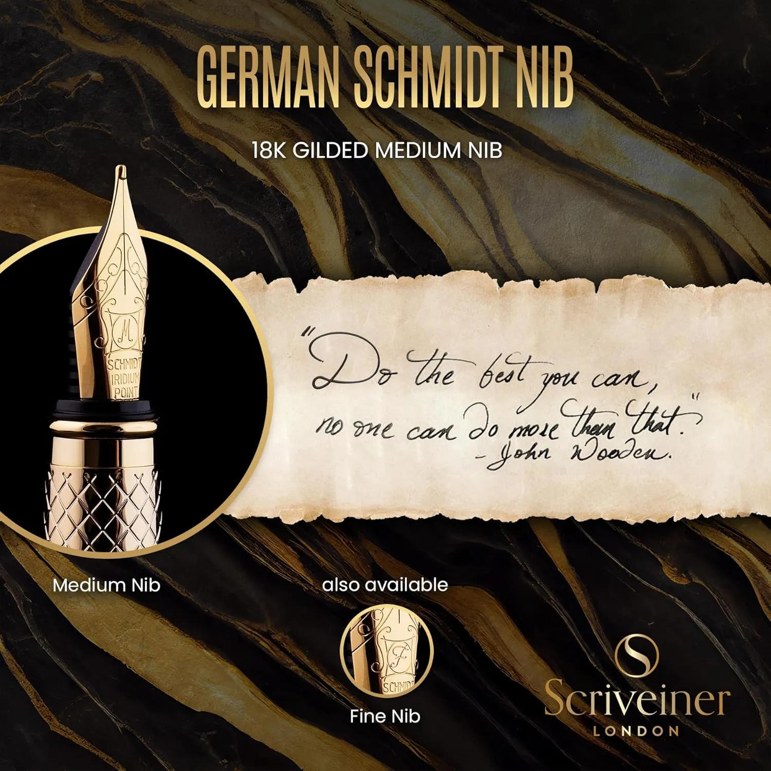 Scriveiner Personalized Gold Fountain Pen - Stunning Luxury Pen, Real Gold Plating, Schmidt Ink Refill, Best Engraved Fountain Pen Gift Set for Men & Women, Custom Name Engraving