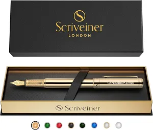 Scriveiner Personalized Gold Fountain Pen - Stunning Luxury Pen, Real Gold Plating, Schmidt Ink Refill, Best Engraved Fountain Pen Gift Set for Men & Women, Custom Name Engraving