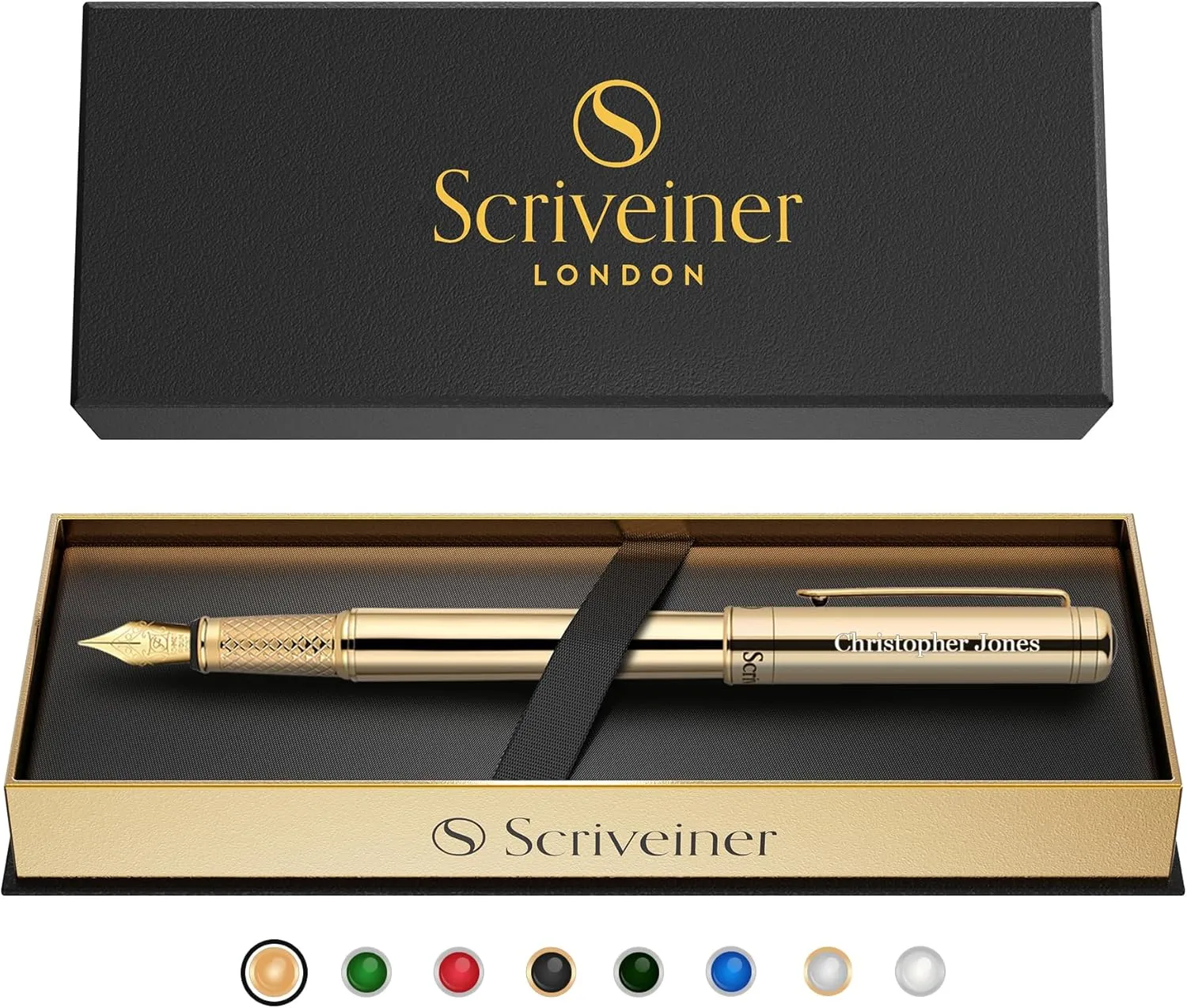 Scriveiner Personalized Gold Fountain Pen - Stunning Luxury Pen, Real Gold Plating, Schmidt Ink Refill, Best Engraved Fountain Pen Gift Set for Men & Women, Custom Name Engraving