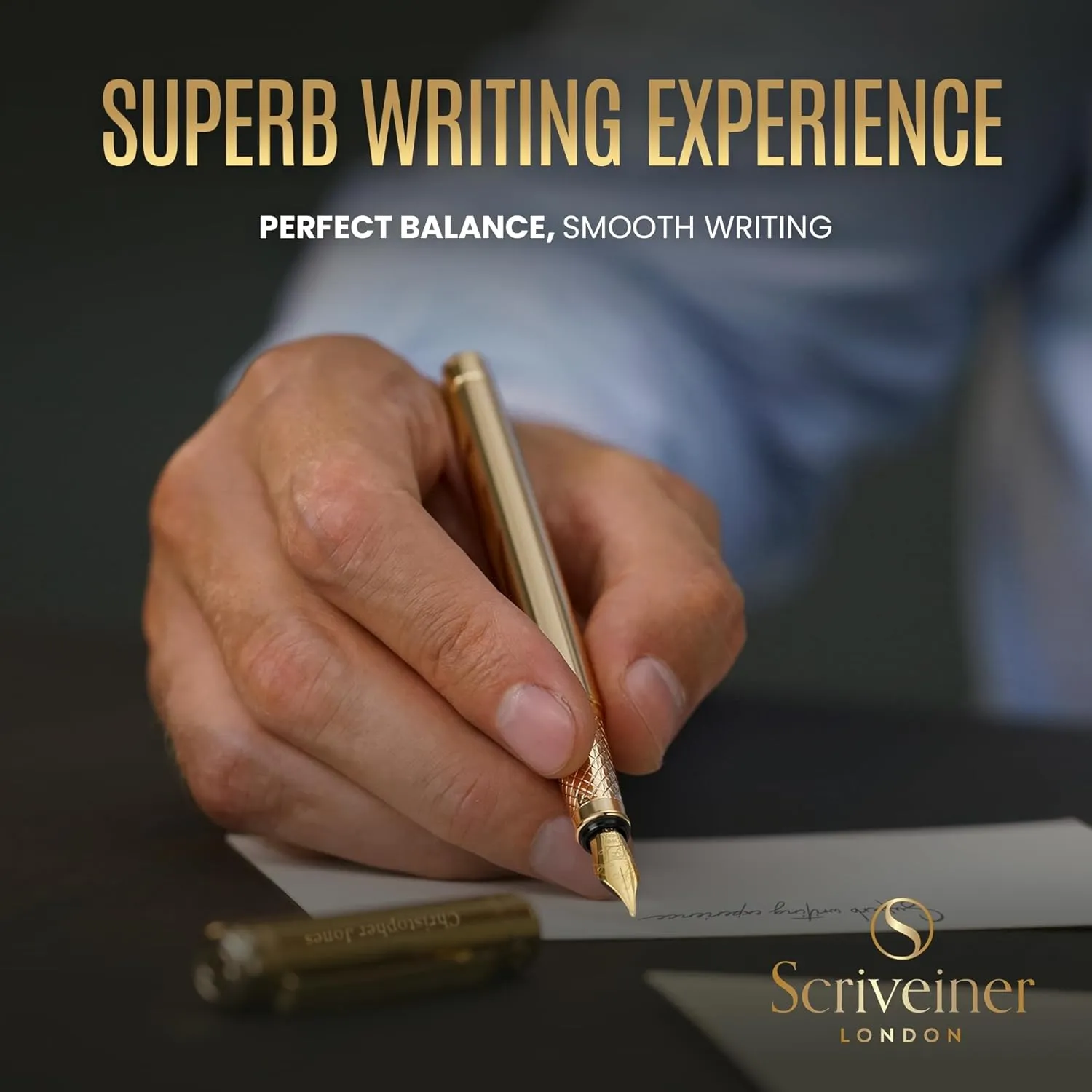 Scriveiner Personalized Gold Fountain Pen - Stunning Luxury Pen, Real Gold Plating, Schmidt Ink Refill, Best Engraved Fountain Pen Gift Set for Men & Women, Custom Name Engraving