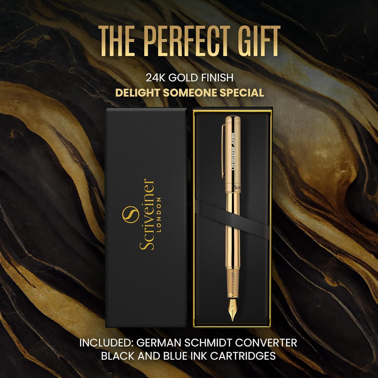Scriveiner Personalized Gold Fountain Pen - Stunning Luxury Pen, Real Gold Plating, Schmidt Ink Refill, Best Engraved Fountain Pen Gift Set for Men & Women, Custom Name Engraving
