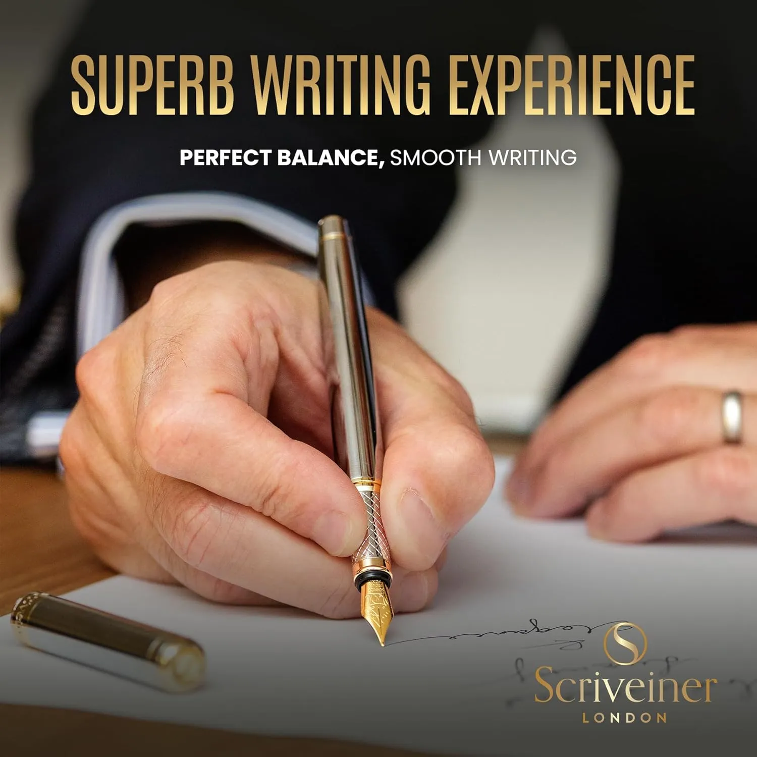 Scriveiner Personalized Silver Chrome Pen - Stunning Luxury Pen, Real Gold Plating, Schmidt Gilded Nib (Medium) Best Engraved Fountain Pen Gift Set for Men & Women, Custom Name Engraving