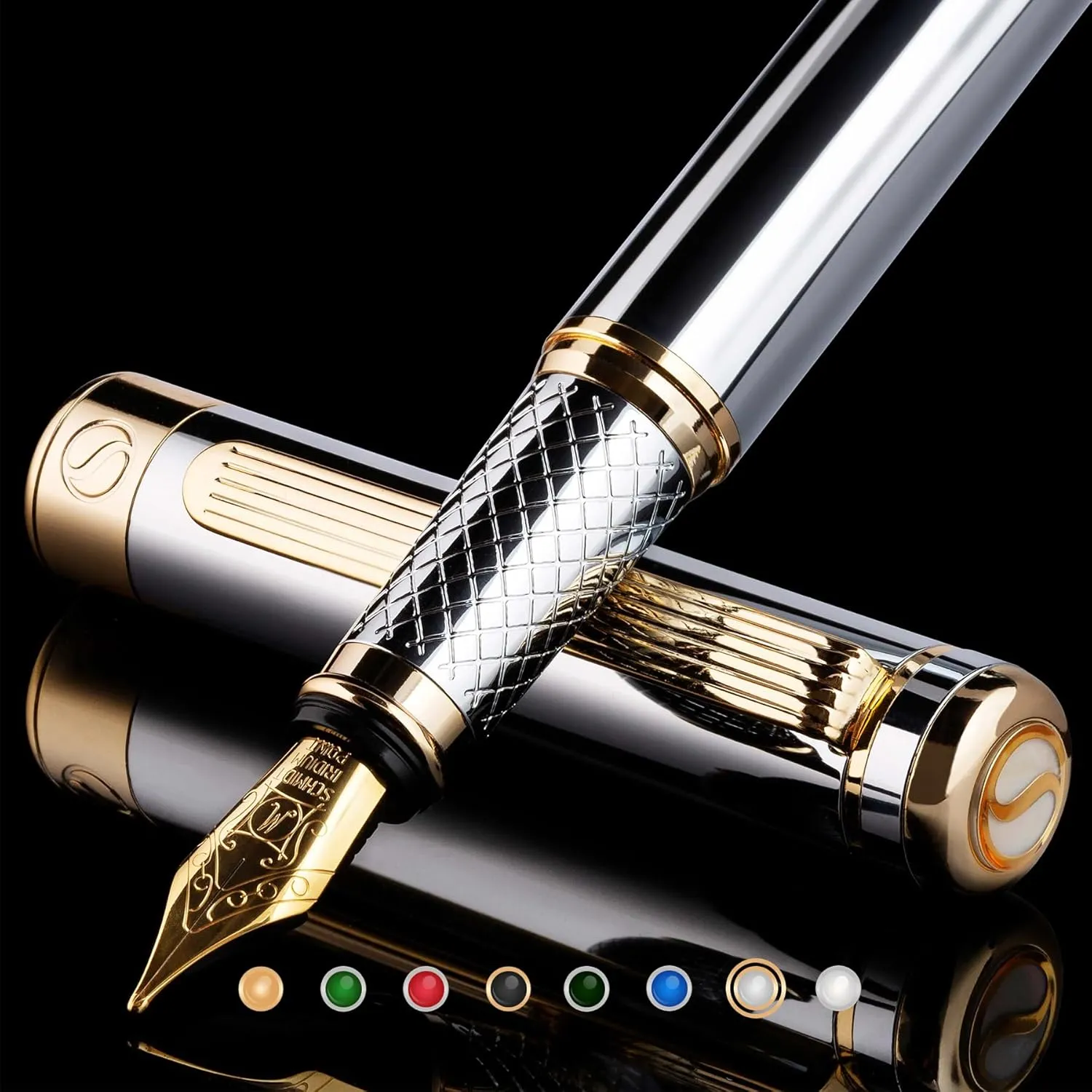 Scriveiner Personalized Silver Chrome Pen - Stunning Luxury Pen, Real Gold Plating, Schmidt Gilded Nib (Medium) Best Engraved Fountain Pen Gift Set for Men & Women, Custom Name Engraving