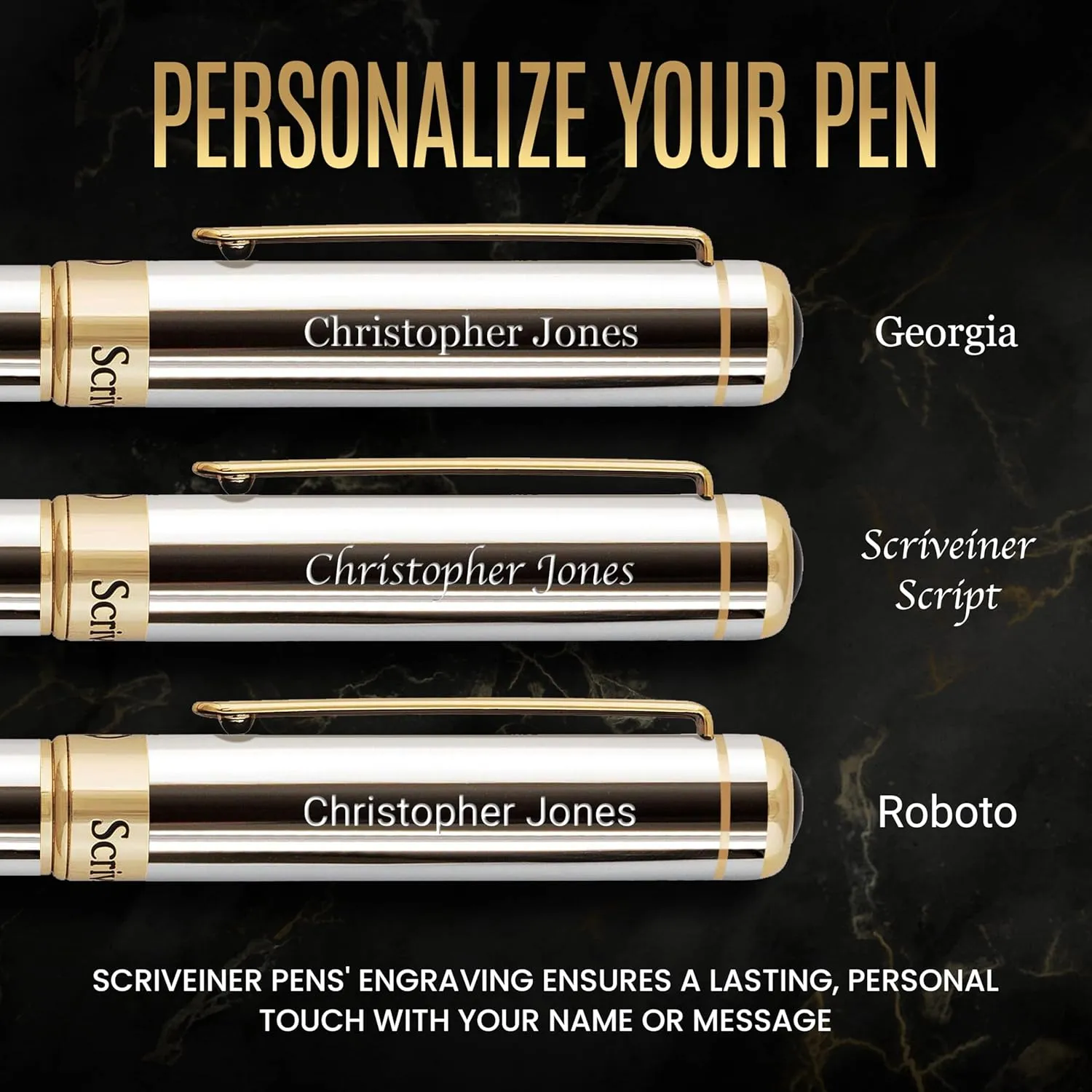 Scriveiner Personalized Silver Chrome Pen - Stunning Luxury Pen, Real Gold Plating, Schmidt Gilded Nib (Medium) Best Engraved Fountain Pen Gift Set for Men & Women, Custom Name Engraving