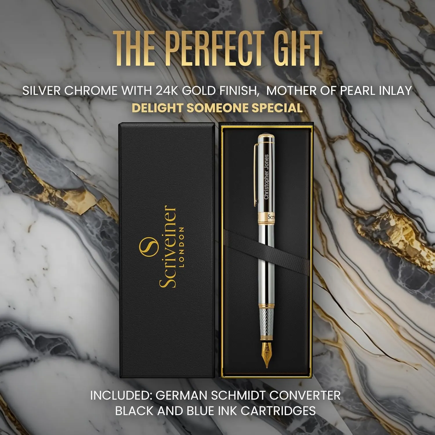 Scriveiner Personalized Silver Chrome Pen - Stunning Luxury Pen, Real Gold Plating, Schmidt Gilded Nib (Medium) Best Engraved Fountain Pen Gift Set for Men & Women, Custom Name Engraving