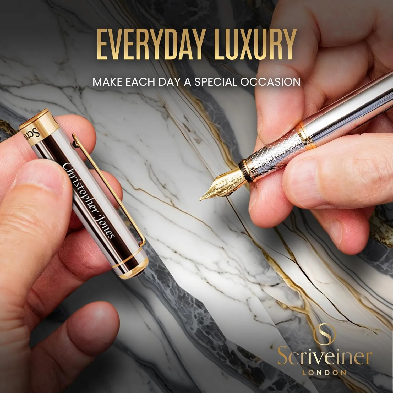 Scriveiner Personalized Silver Chrome Pen - Stunning Luxury Pen, Real Gold Plating, Schmidt Gilded Nib (Medium) Best Engraved Fountain Pen Gift Set for Men & Women, Custom Name Engraving