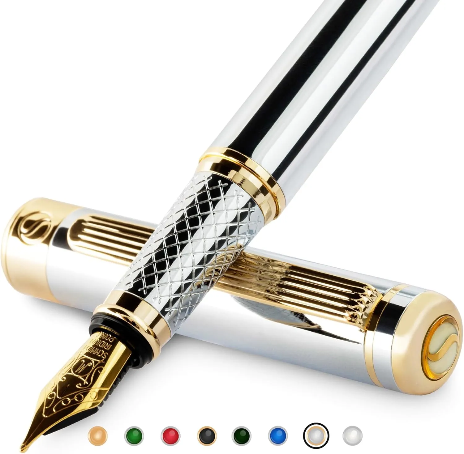 Scriveiner Silver Chrome Fountain Pen - Stunning Luxury Pen, Real Gold Plating, Schmidt Gilded Nib (Medium), Best Pen Gift Set for Men & Women, Professional, Executive Office, Nice Pens
