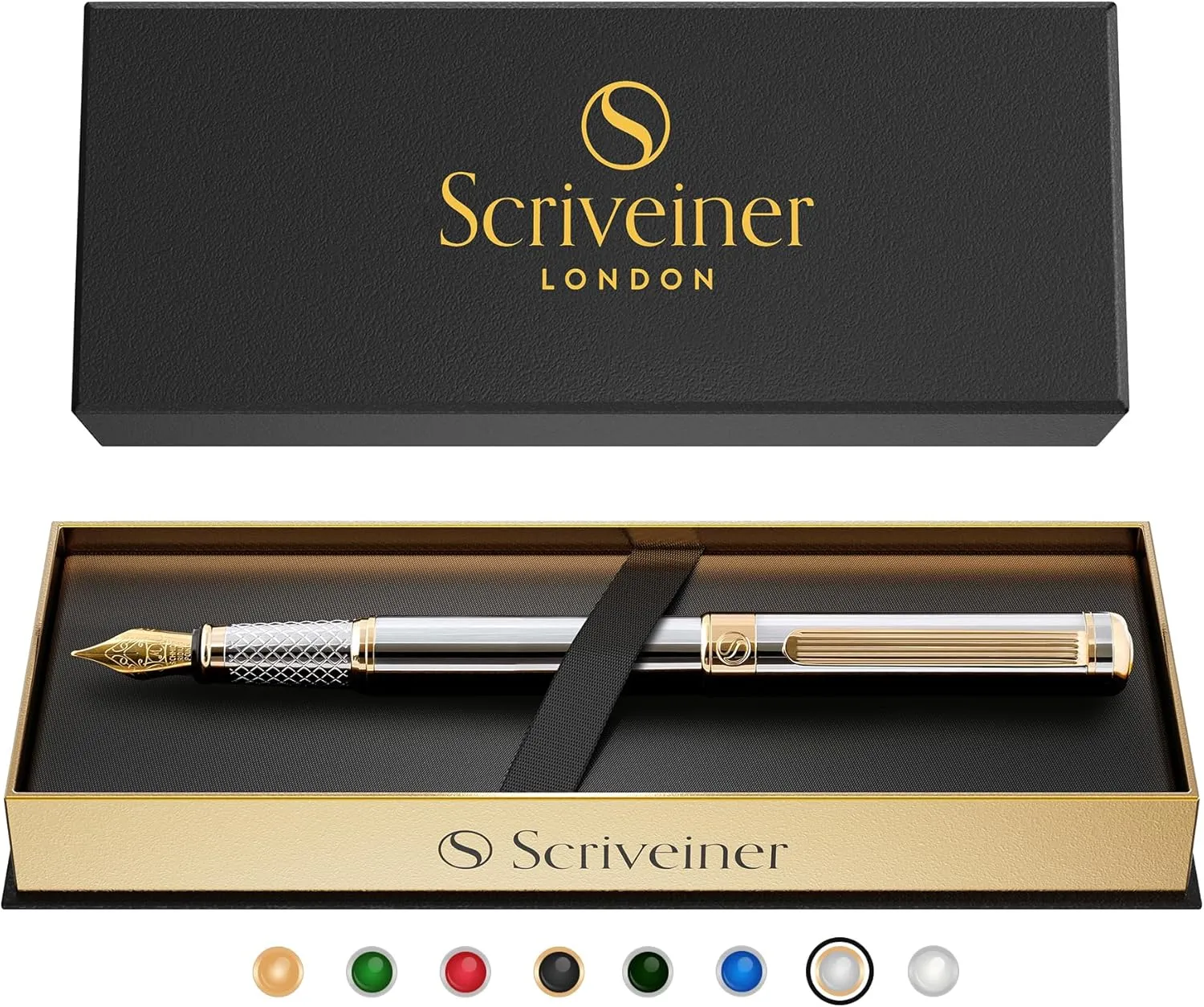 Scriveiner Silver Chrome Fountain Pen - Stunning Luxury Pen, Real Gold Plating, Schmidt Gilded Nib (Medium), Best Pen Gift Set for Men & Women, Professional, Executive Office, Nice Pens