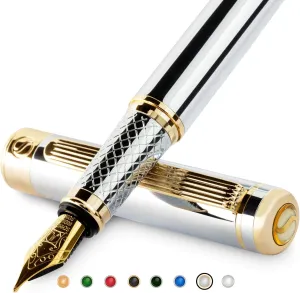 Scriveiner Silver Chrome Fountain Pen - Stunning Luxury Pen, Real Gold Plating, Schmidt Gilded Nib (Medium), Best Pen Gift Set for Men & Women, Professional, Executive Office, Nice Pens