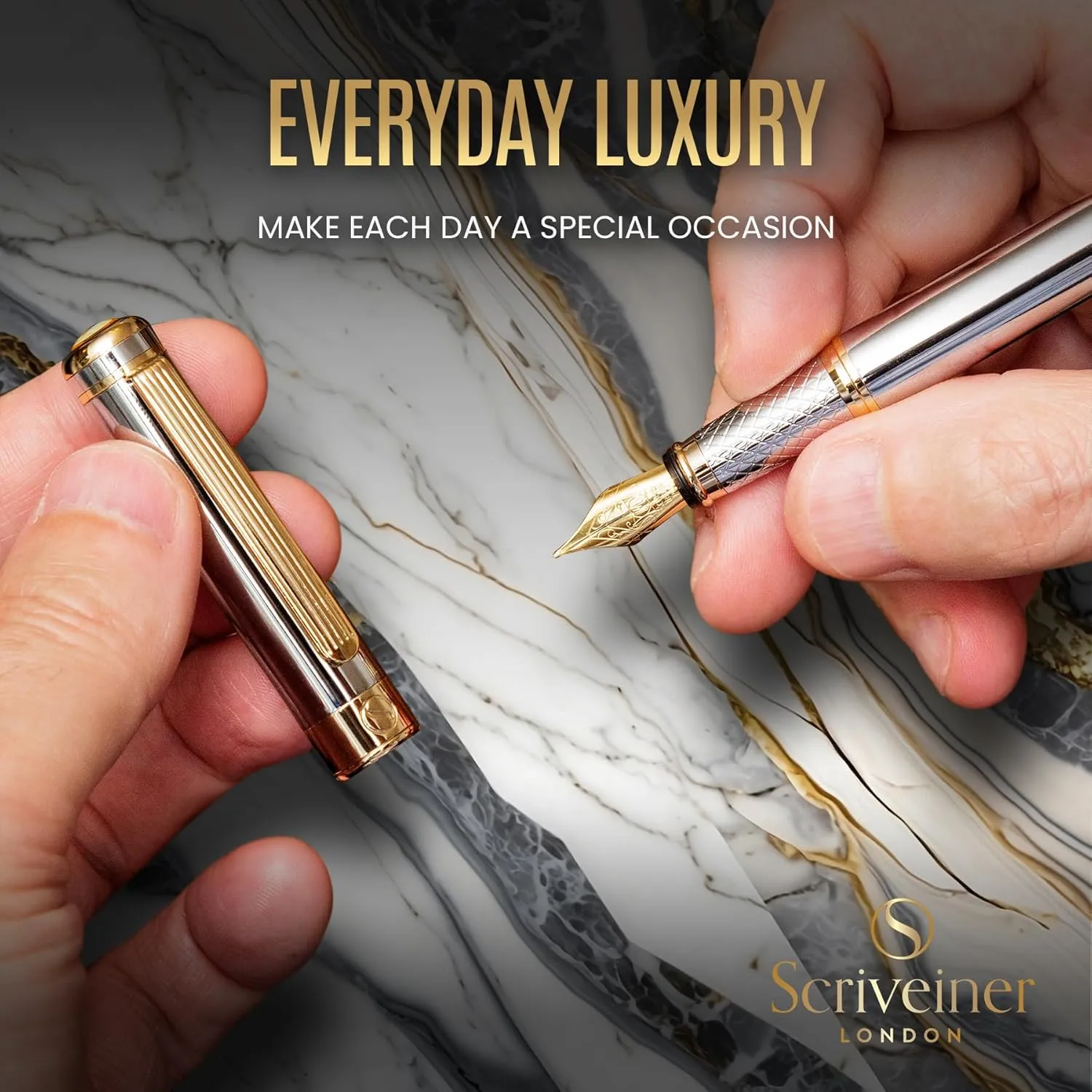 Scriveiner Silver Chrome Fountain Pen - Stunning Luxury Pen, Real Gold Plating, Schmidt Gilded Nib (Medium), Best Pen Gift Set for Men & Women, Professional, Executive Office, Nice Pens