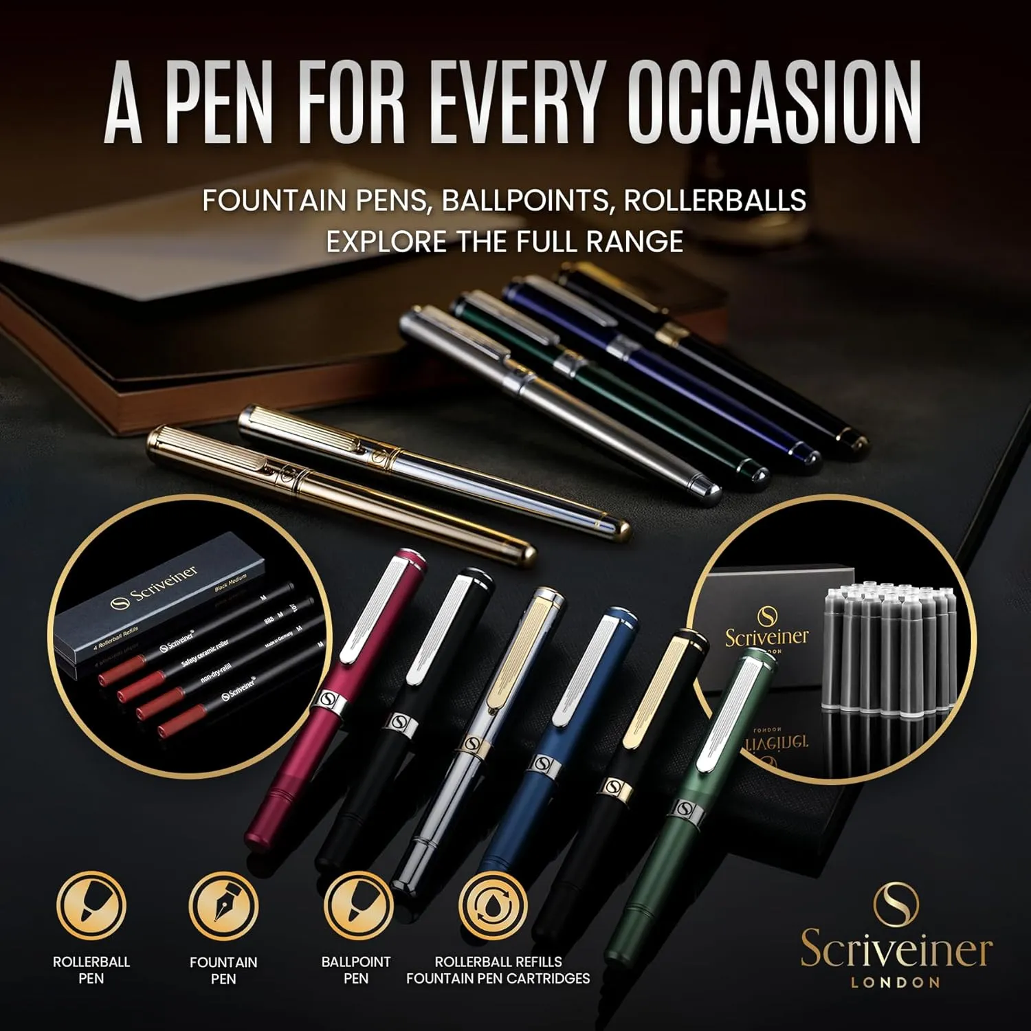 Scriveiner Stainless Steel Ballpoint Pen - Stunning Luxury Pen with Stainless Steel Finish, Schmidt Black Refill, Best Ball Pen Gift Set for Men & Women, Professional, Executive, Office, Nice Pens
