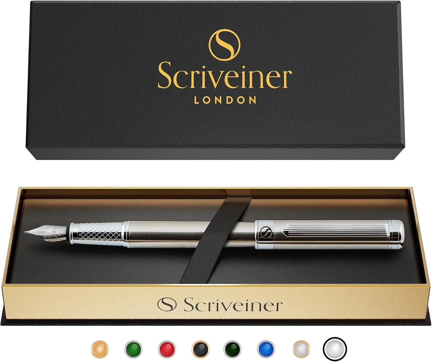 Scriveiner Stainless Steel Fountain Pen - Stunning Luxury Pen with Steel Finish, Schmidt Steel Nib (Medium), Pen Gift Set for Men & Women, Professional, Executive Office, Nice Designer Pens