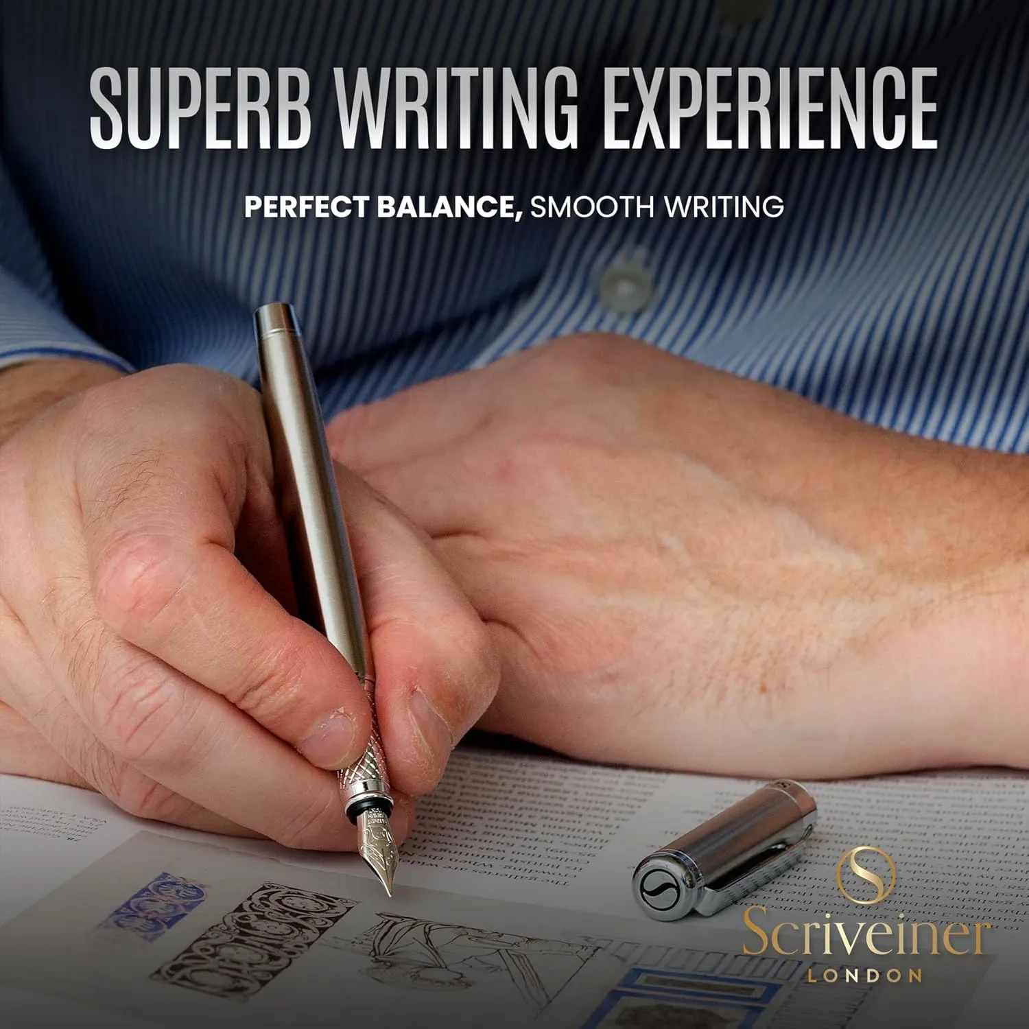Scriveiner Stainless Steel Fountain Pen - Stunning Luxury Pen with Steel Finish, Schmidt Steel Nib (Medium), Pen Gift Set for Men & Women, Professional, Executive Office, Nice Designer Pens
