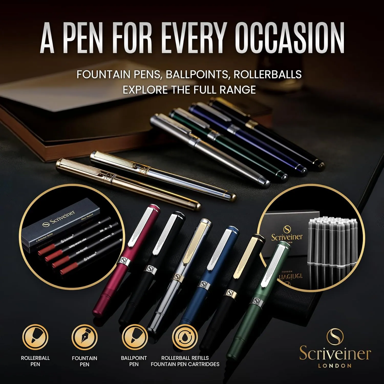 Scriveiner Stainless Steel Fountain Pen - Stunning Luxury Pen with Steel Finish, Schmidt Steel Nib (Medium), Pen Gift Set for Men & Women, Professional, Executive Office, Nice Designer Pens