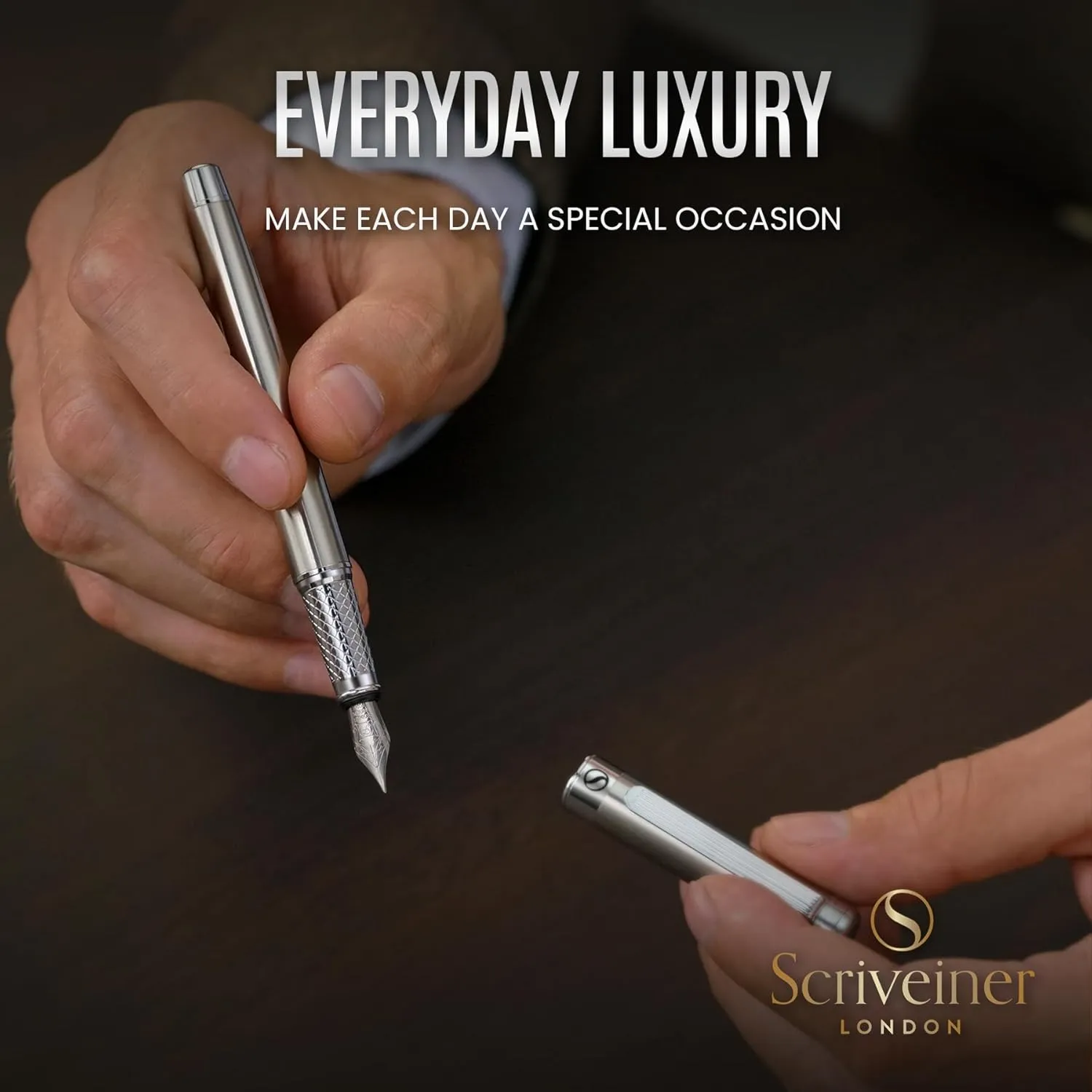 Scriveiner Stainless Steel Fountain Pen - Stunning Luxury Pen with Steel Finish, Schmidt Steel Nib (Medium), Pen Gift Set for Men & Women, Professional, Executive Office, Nice Designer Pens
