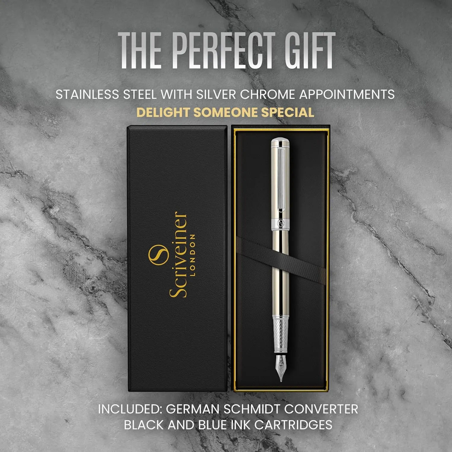 Scriveiner Stainless Steel Fountain Pen - Stunning Luxury Pen with Steel Finish, Schmidt Steel Nib (Medium), Pen Gift Set for Men & Women, Professional, Executive Office, Nice Designer Pens