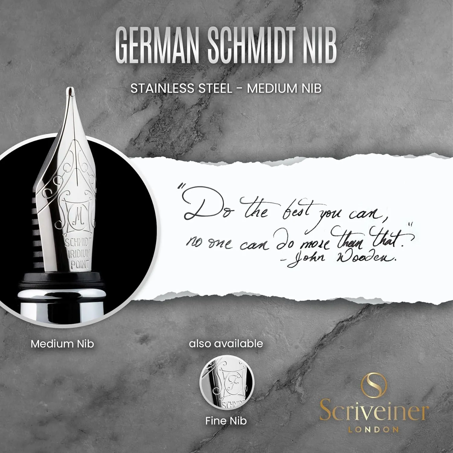 Scriveiner Stainless Steel Fountain Pen - Stunning Luxury Pen with Steel Finish, Schmidt Steel Nib (Medium), Pen Gift Set for Men & Women, Professional, Executive Office, Nice Designer Pens