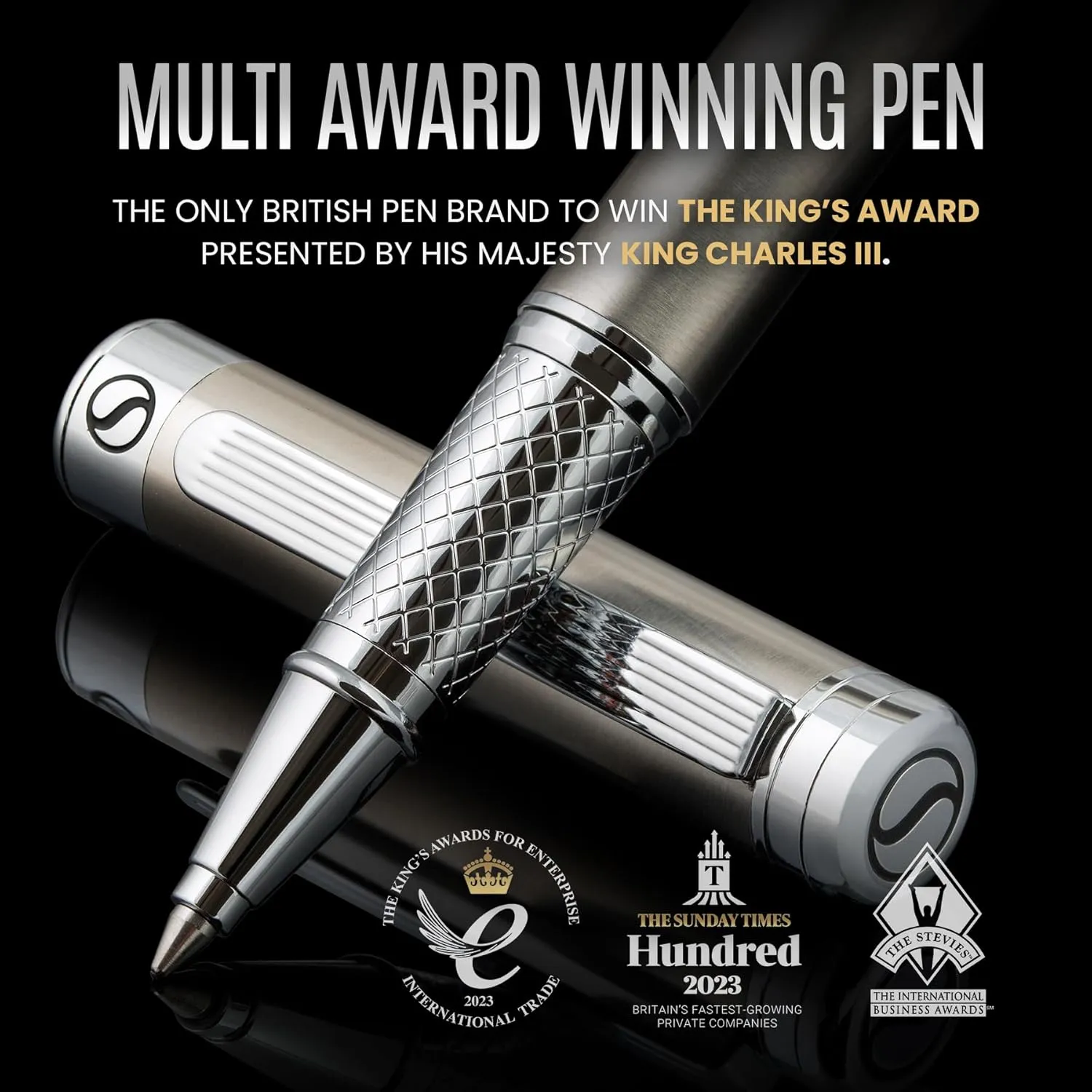 Scriveiner Stainless Steel Rollerball Pen - Stunning Luxury Metal Pen with Silver Chrome Finish, Schmidt Ink Refill, Best Roller Ball Pen Gift Set for Men & Women