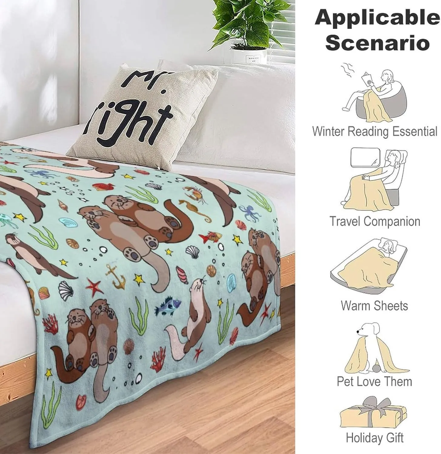 Sea Otters Blanket Super Soft Warm Flannel Otters Throw Blankets Bedding Gifts for Kids Girls Boys Adults 50"x40"