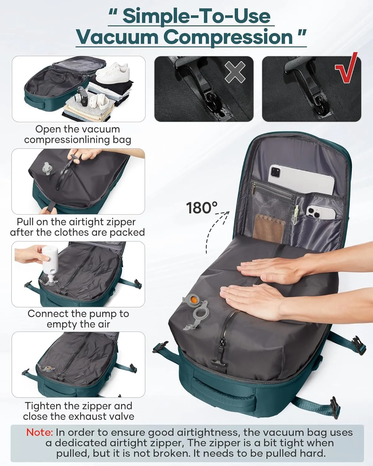 SEAFEW Vacuum Travel Backpack with Electric Pump, Waterproof Personal Item Bag, Women & Men's Anti-Theft Laptop Daypack for Work Trip Gym with Wet Bag & Shoe Compartment, Peacock Blue
