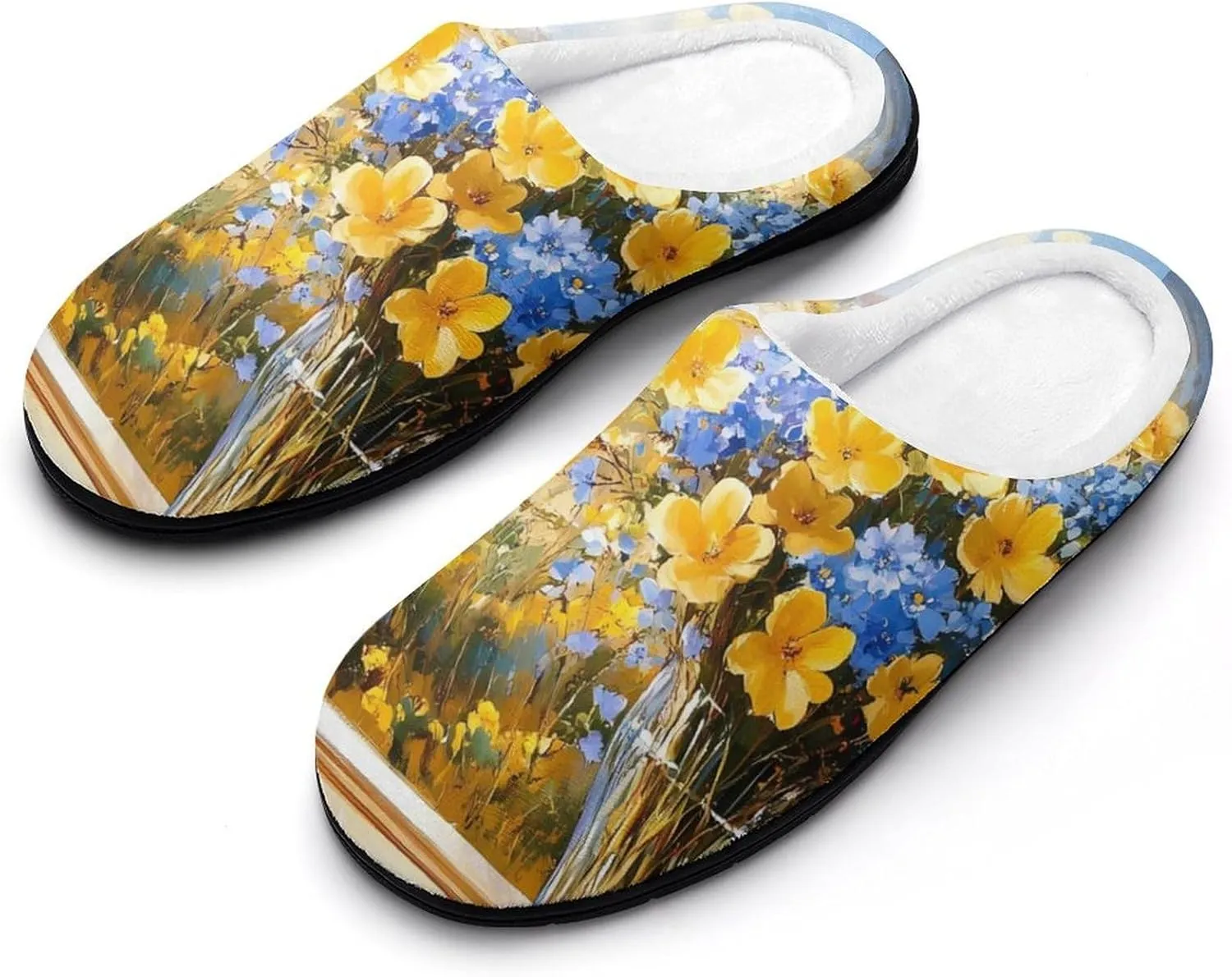 Seaside Farmhouse Bouquet Flowers Womens Cotton Slippers Anti-slip Rubber Sole Winter Warm House Shoes For Daily Wear