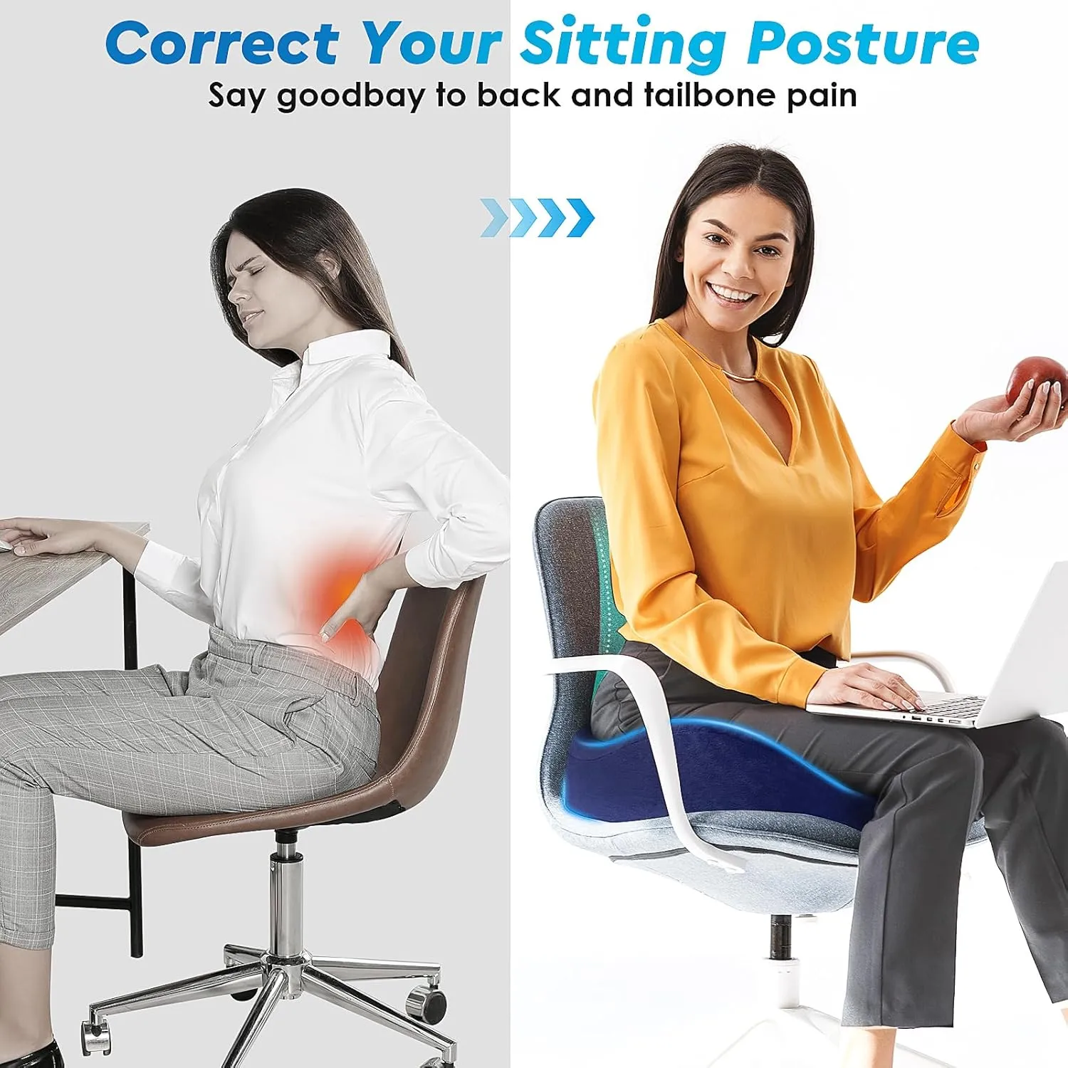 Seat Cushion, Chair Cushions, Office Chair Cushions, Anti-Slip Bottom & Removable Cover Tailbone Pain Relief Cushion, Memory Foam Seat Cushion for Office, Wheelchair, Car (Blue)