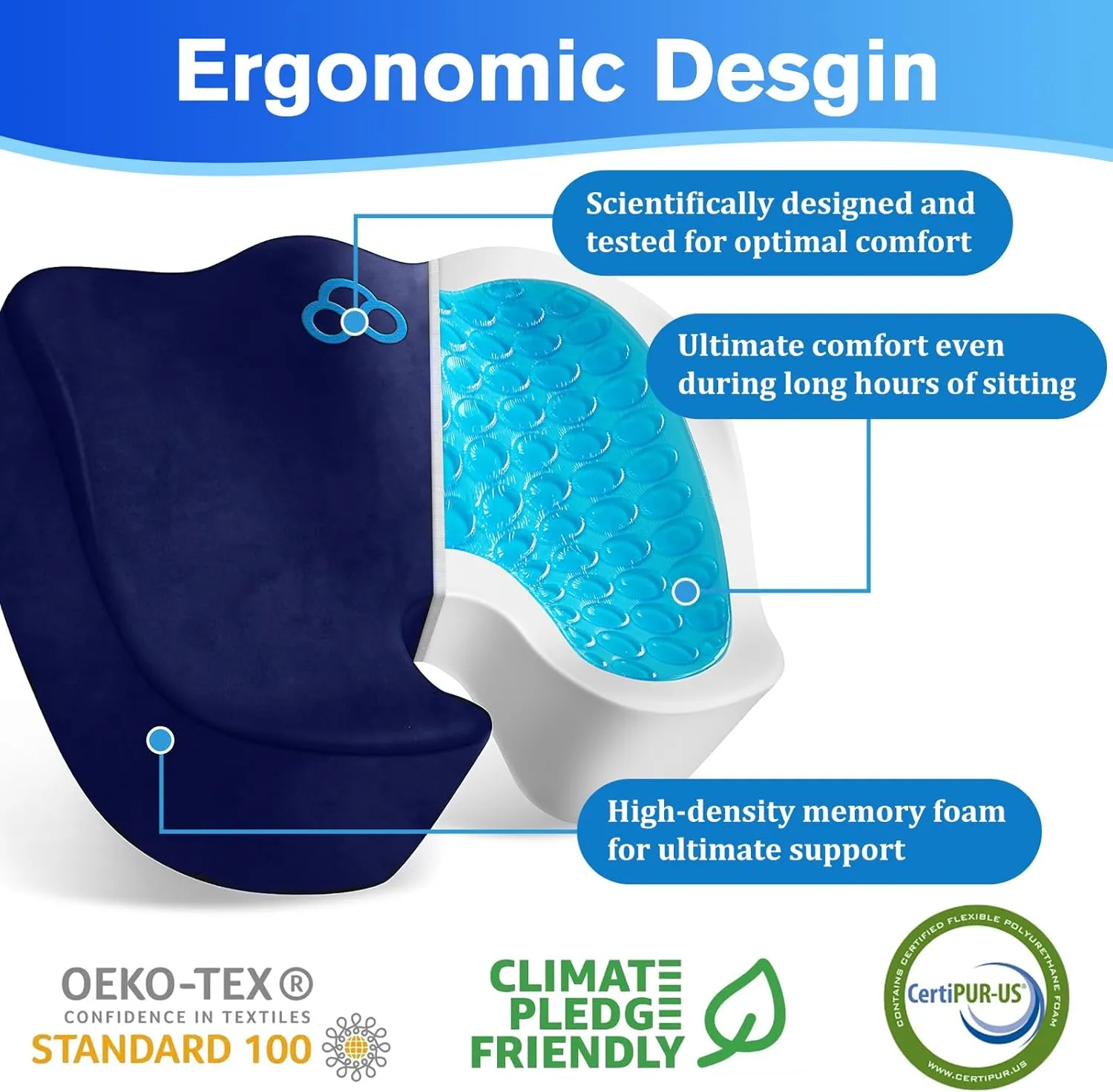 Seat Cushion, Chair Cushions, Office Chair Cushions, Anti-Slip Bottom & Removable Cover Tailbone Pain Relief Cushion, Memory Foam Seat Cushion for Office, Wheelchair, Car (Blue)