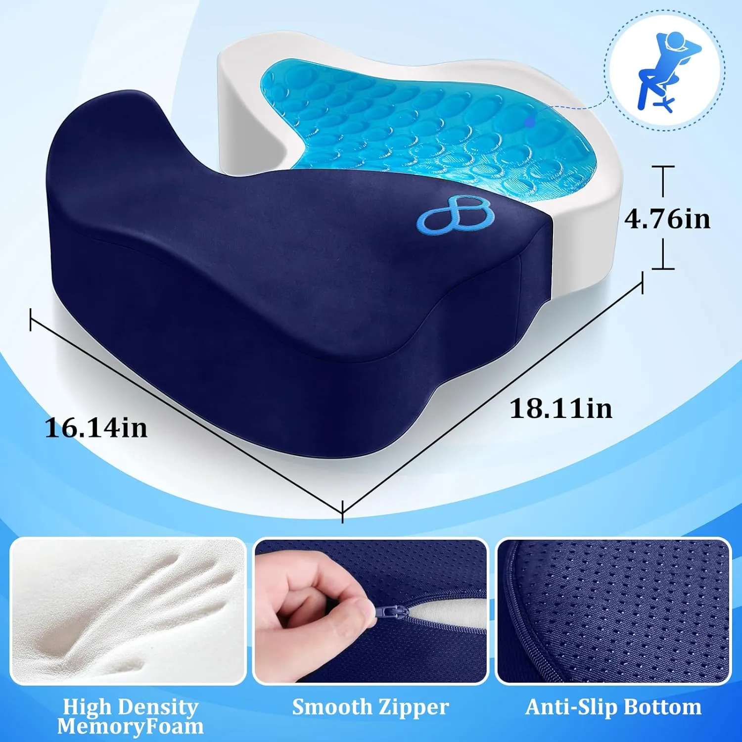 Seat Cushion, Chair Cushions, Office Chair Cushions, Anti-Slip Bottom & Removable Cover Tailbone Pain Relief Cushion, Memory Foam Seat Cushion for Office, Wheelchair, Car (Blue)