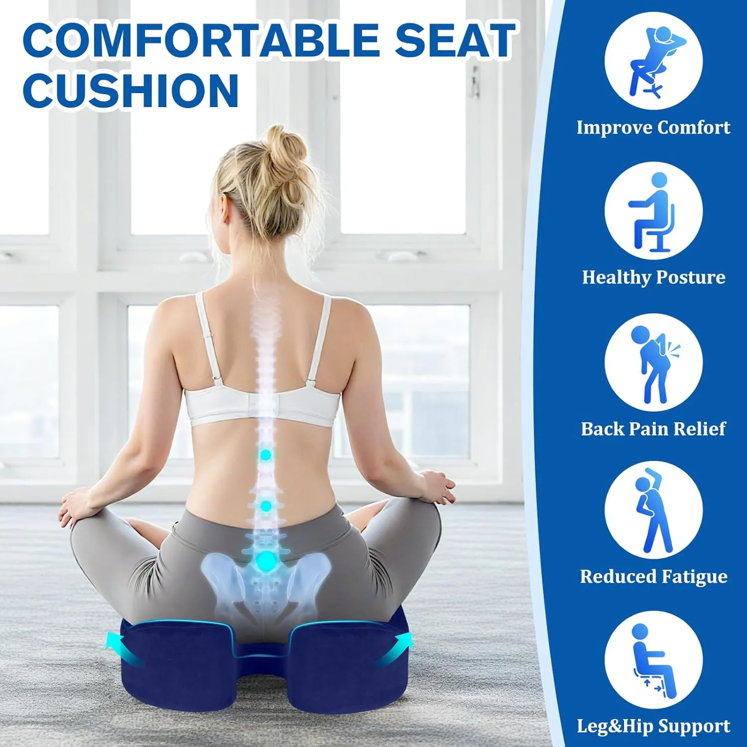 Seat Cushion, Chair Cushions, Office Chair Cushions, Anti-Slip Bottom & Removable Cover Tailbone Pain Relief Cushion, Memory Foam Seat Cushion for Office, Wheelchair, Car (Blue)