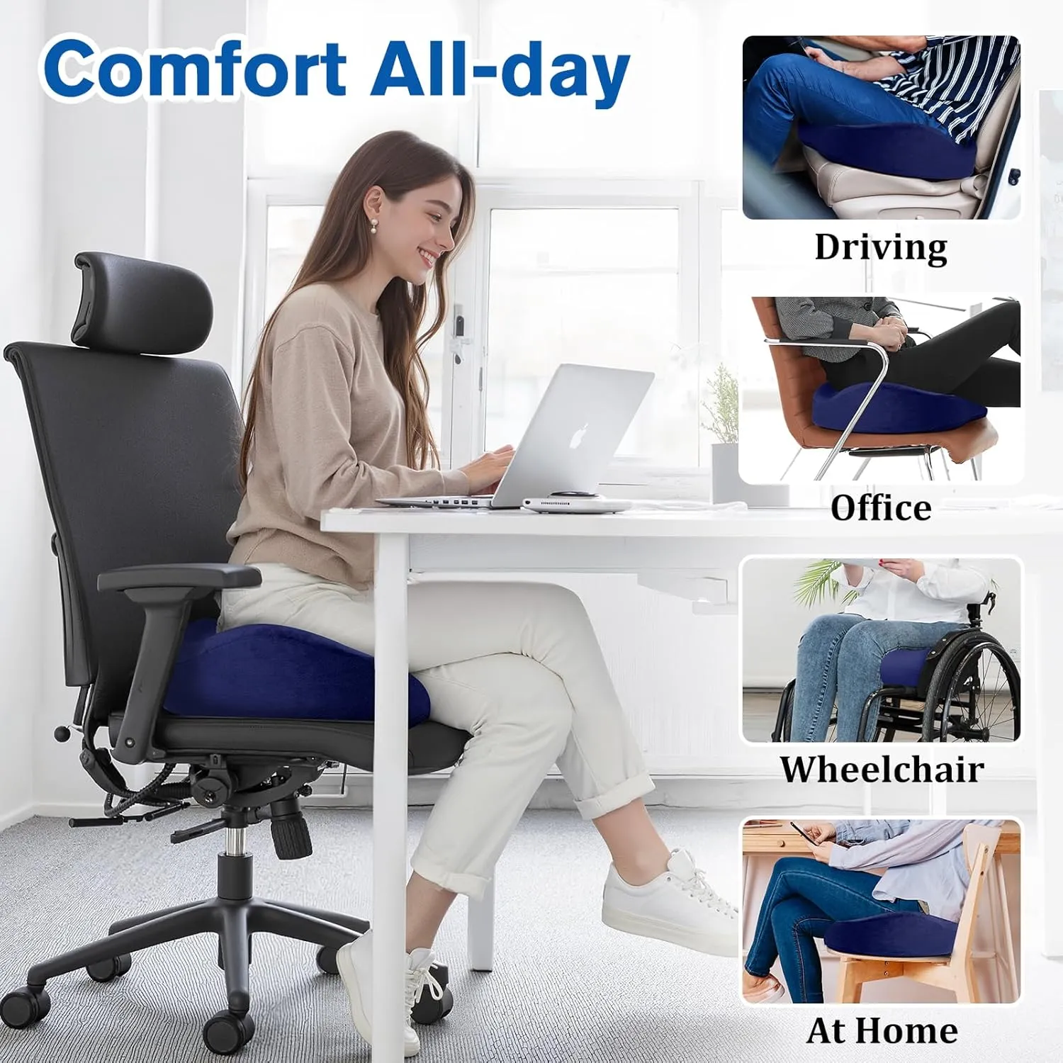 Seat Cushion, Chair Cushions, Office Chair Cushions, Anti-Slip Bottom & Removable Cover Tailbone Pain Relief Cushion, Memory Foam Seat Cushion for Office, Wheelchair, Car (Blue)