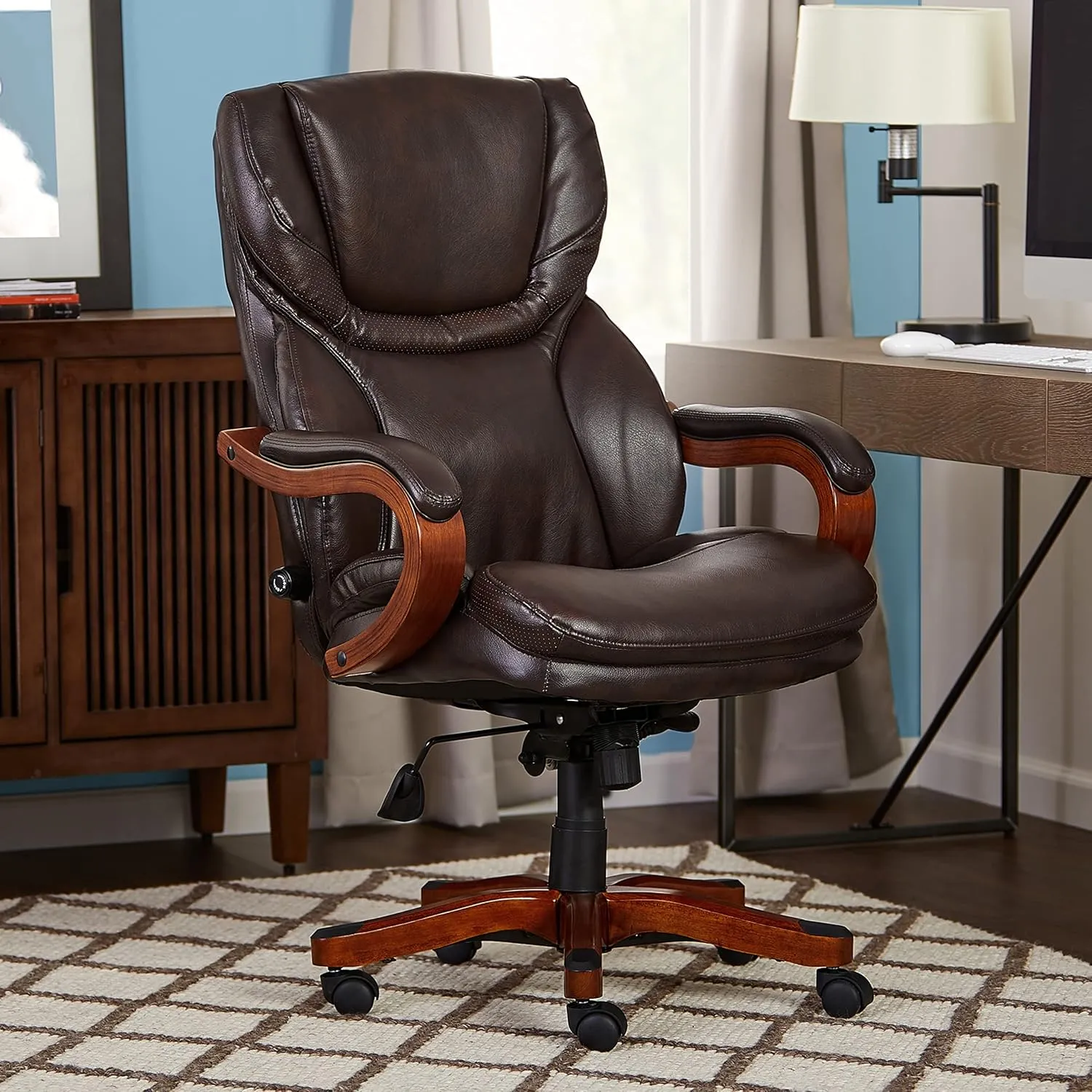 Serta Big and Tall Executive Office Chair with Upgraded Wood Accents, Win-Win Biscuit Bonded Leather