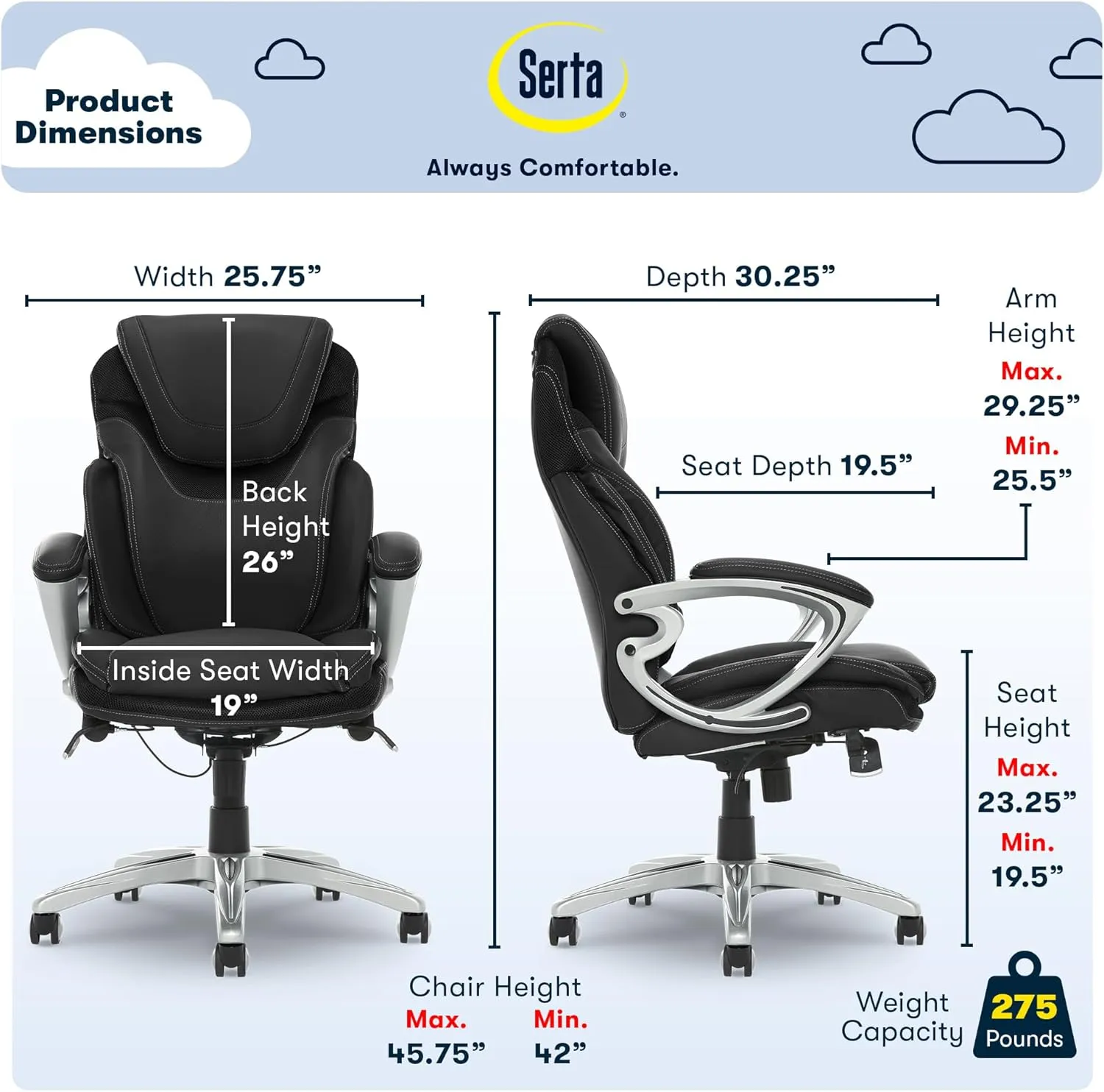 Serta Bryce Executive Office Chair, Ergonomic Computer DeskChair with Patented AIR Lumbar Technology, Comfortable Layered Body Pillows for Cushioning, SertaQuality Foam, Bonded Leather, Black