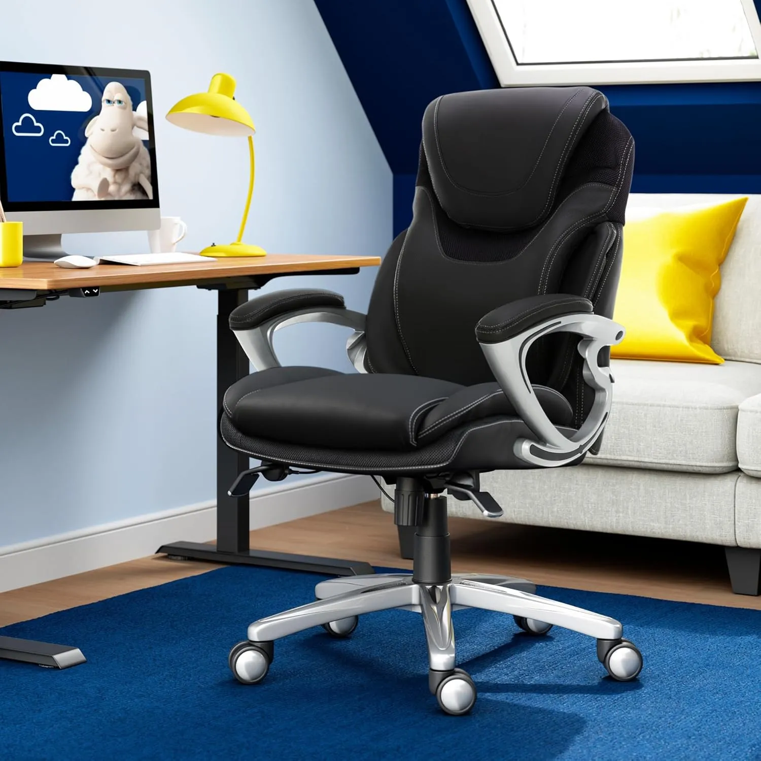 Serta Bryce Executive Office Chair, Ergonomic Computer DeskChair with Patented AIR Lumbar Technology, Comfortable Layered Body Pillows for Cushioning, SertaQuality Foam, Bonded Leather, Black