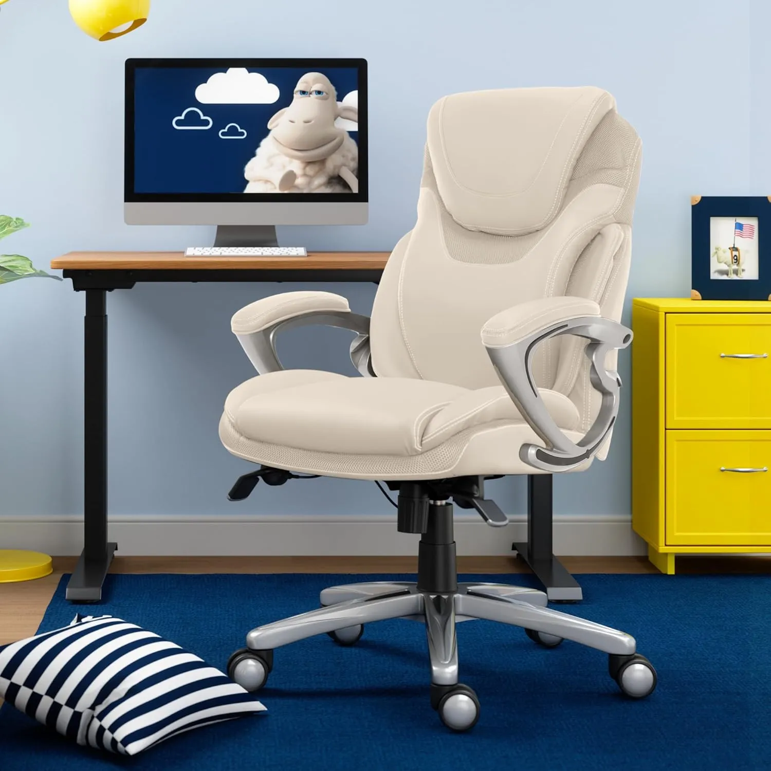 Serta Bryce Executive Office Chair, Ergonomic Computer DeskChair with Patented AIR Lumbar Technology, Comfortable Layered Body Pillows for Cushioning, SertaQuality Foam, Bonded Leather, Cream White
