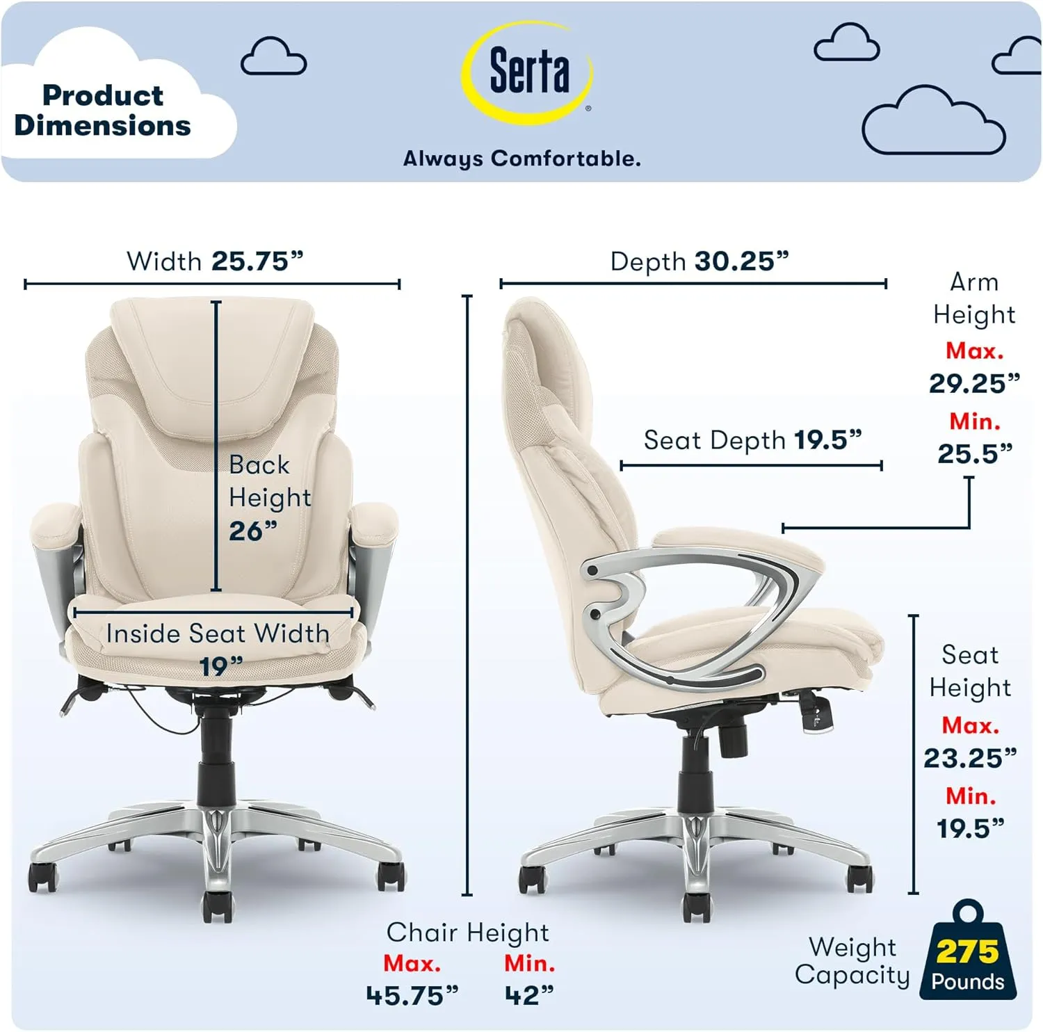 Serta Bryce Executive Office Chair, Ergonomic Computer DeskChair with Patented AIR Lumbar Technology, Comfortable Layered Body Pillows for Cushioning, SertaQuality Foam, Bonded Leather, Cream White