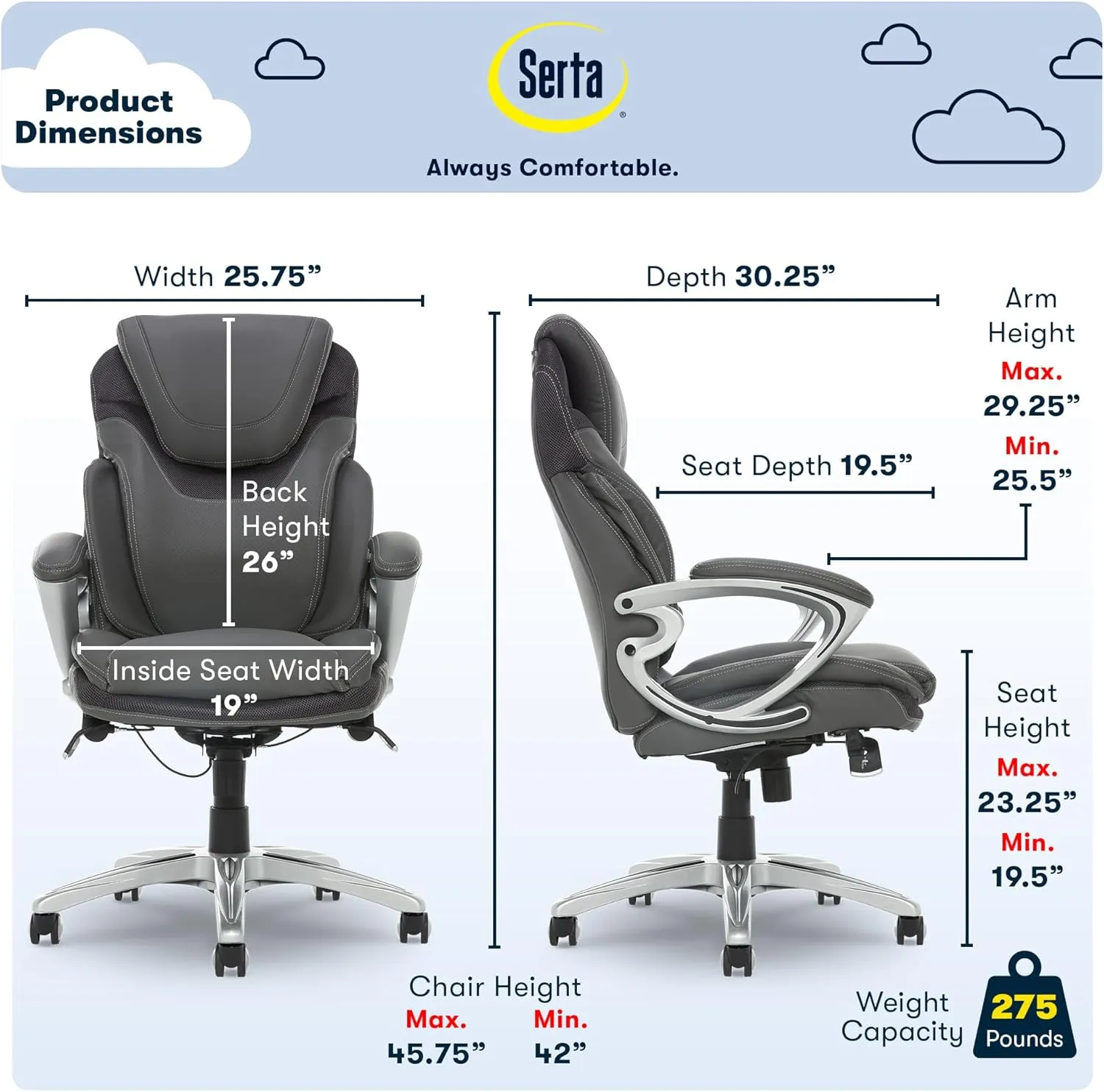 Serta Bryce Executive Office Chair, Ergonomic Computer DeskChair with Patented AIR Lumbar Technology, Comfortable Layered Body Pillows for Cushioning, SertaQuality Foam, Bonded Leather, Gray