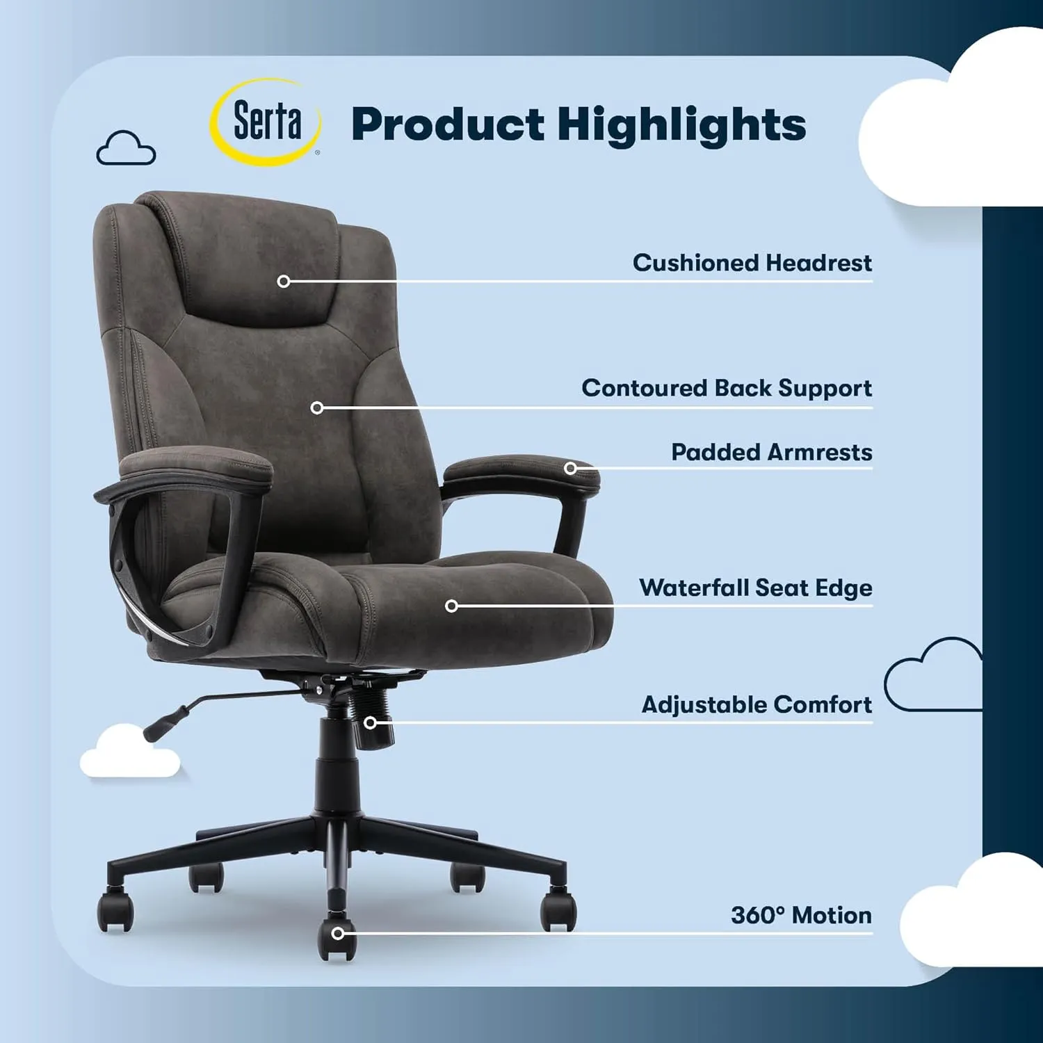 Serta® Comfort Eco Office Chair, Ergonomic Mid-Back with Lumbar Support, Semi-Plush Seat Cushion and Layered Body Pillows, Padded Armrests, Metal Swivel Base, Soft Velvet Fabric, Brown