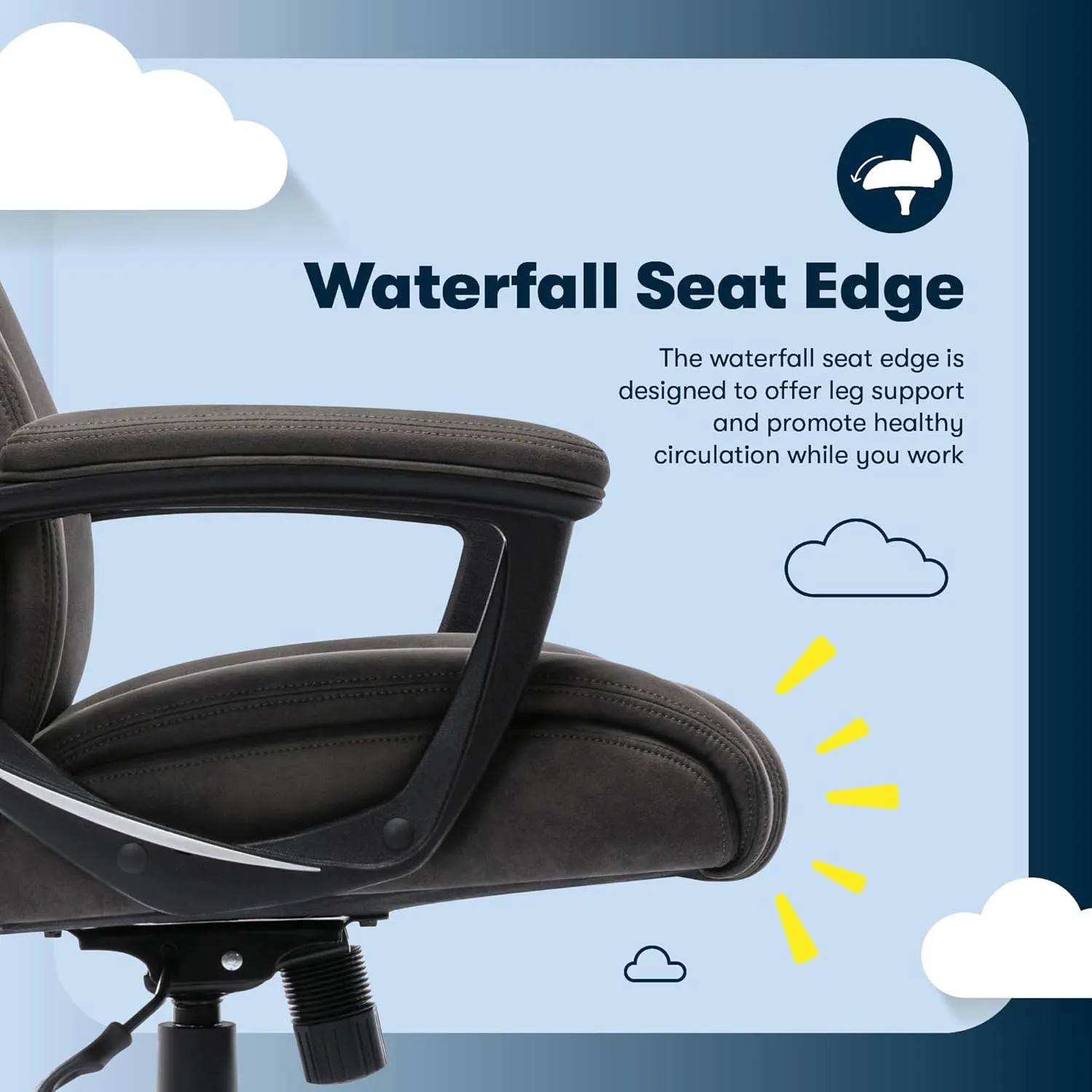 Serta® Comfort Eco Office Chair, Ergonomic Mid-Back with Lumbar Support, Semi-Plush Seat Cushion and Layered Body Pillows, Padded Armrests, Metal Swivel Base, Soft Velvet Fabric, Brown