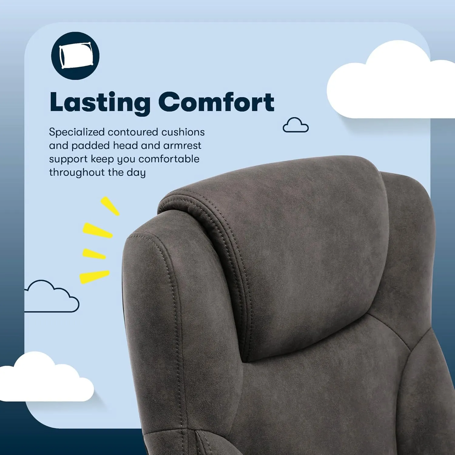 Serta® Comfort Eco Office Chair, Ergonomic Mid-Back with Lumbar Support, Semi-Plush Seat Cushion and Layered Body Pillows, Padded Armrests, Metal Swivel Base, Soft Velvet Fabric, Brown