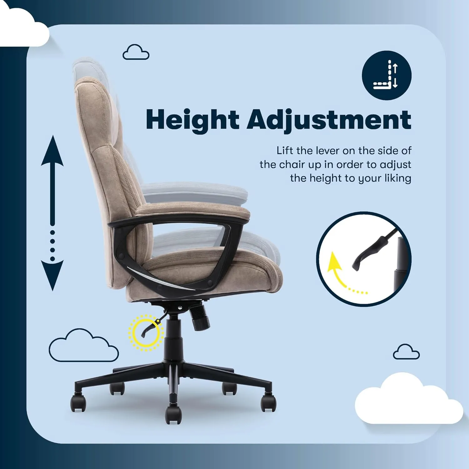 Serta® Comfort Eco Office Chair, Ergonomic Mid-Back with Lumbar Support, Semi-Plush Seat Cushion and Layered Body Pillows, Padded Armrests, Metal Swivel Base, Soft Velvet Fabric, Light Brown
